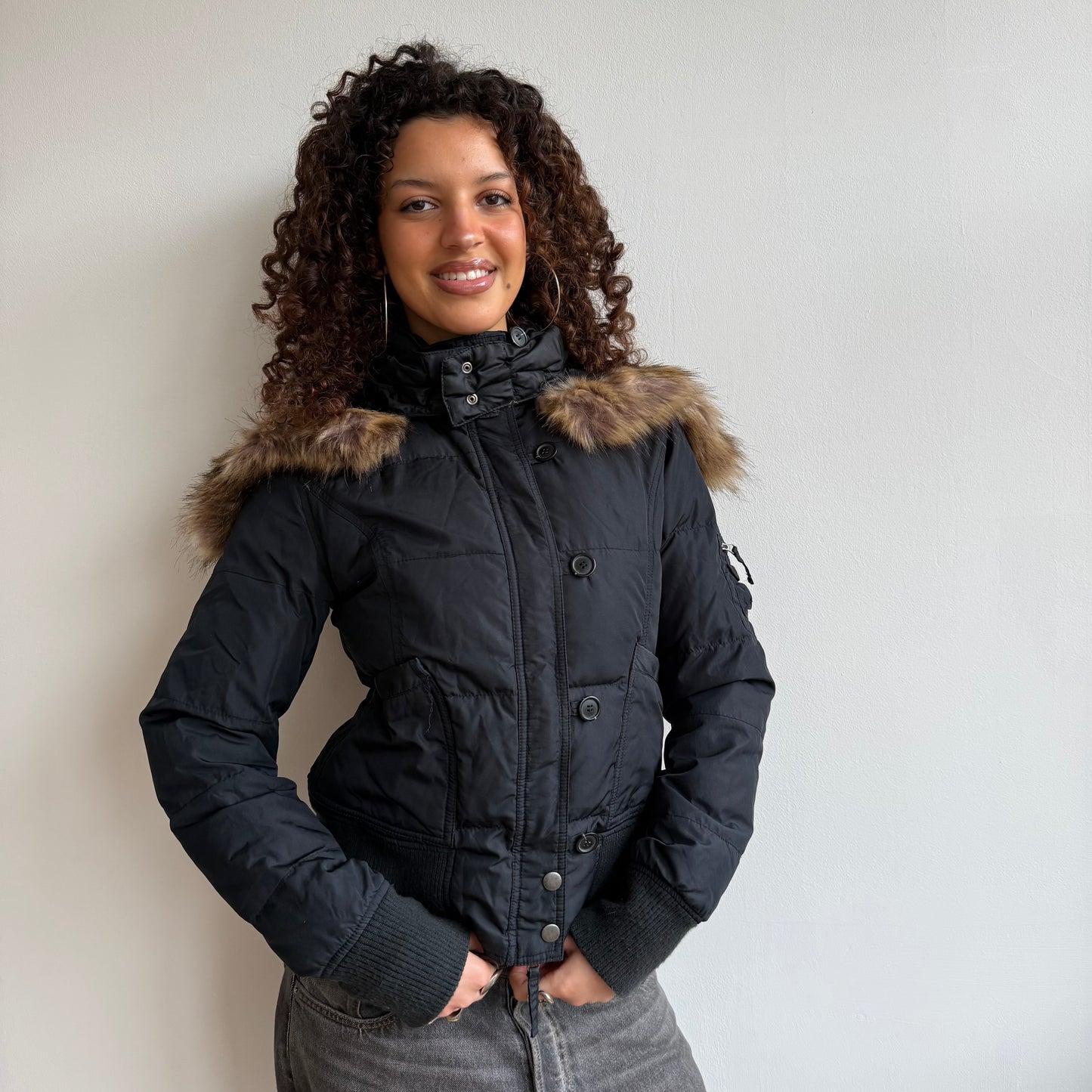 Black fur hood bomber - Size S