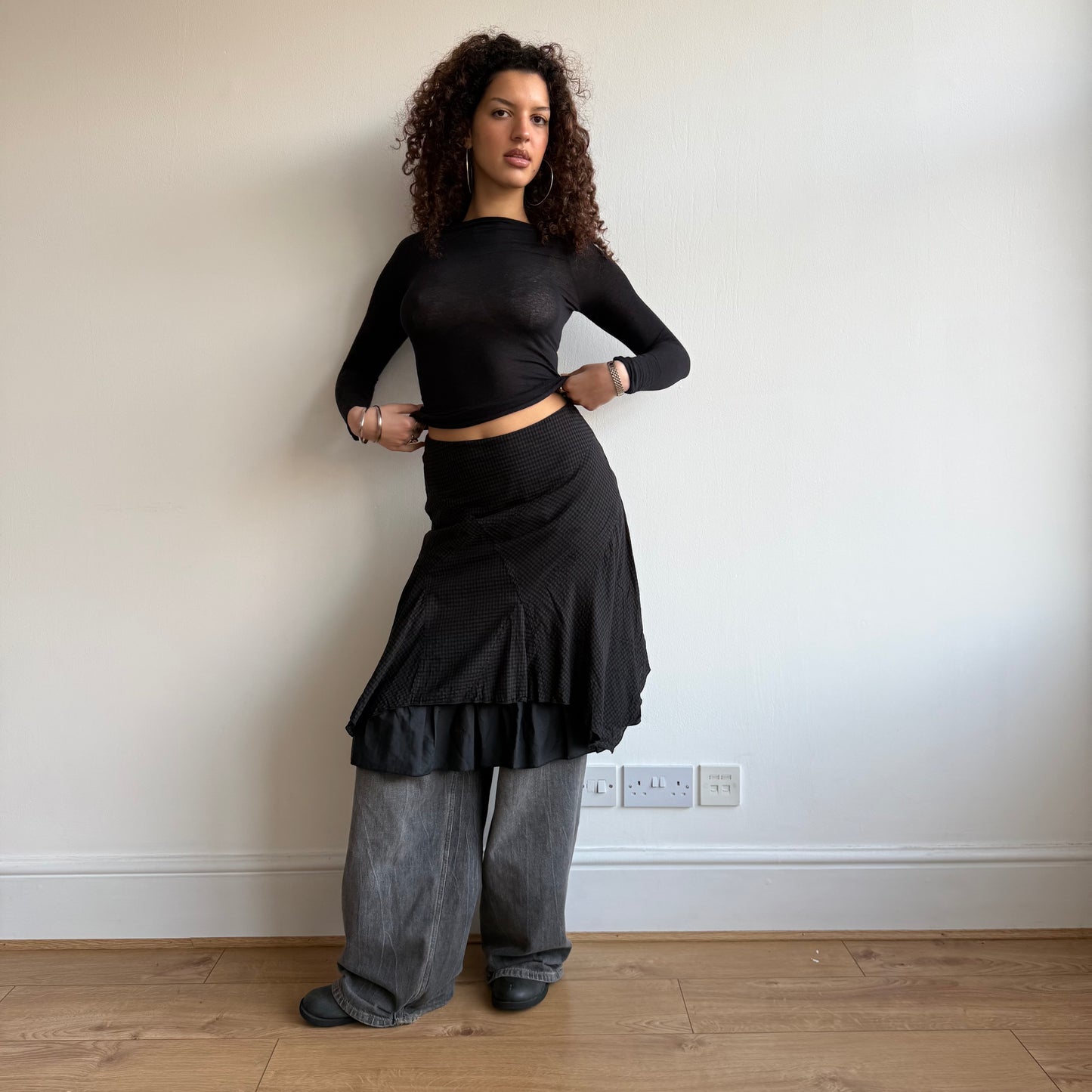 Black plaid midi skirt - Size XS