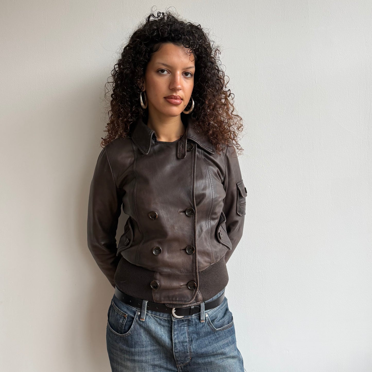 Brown leather moto bomber - Size S