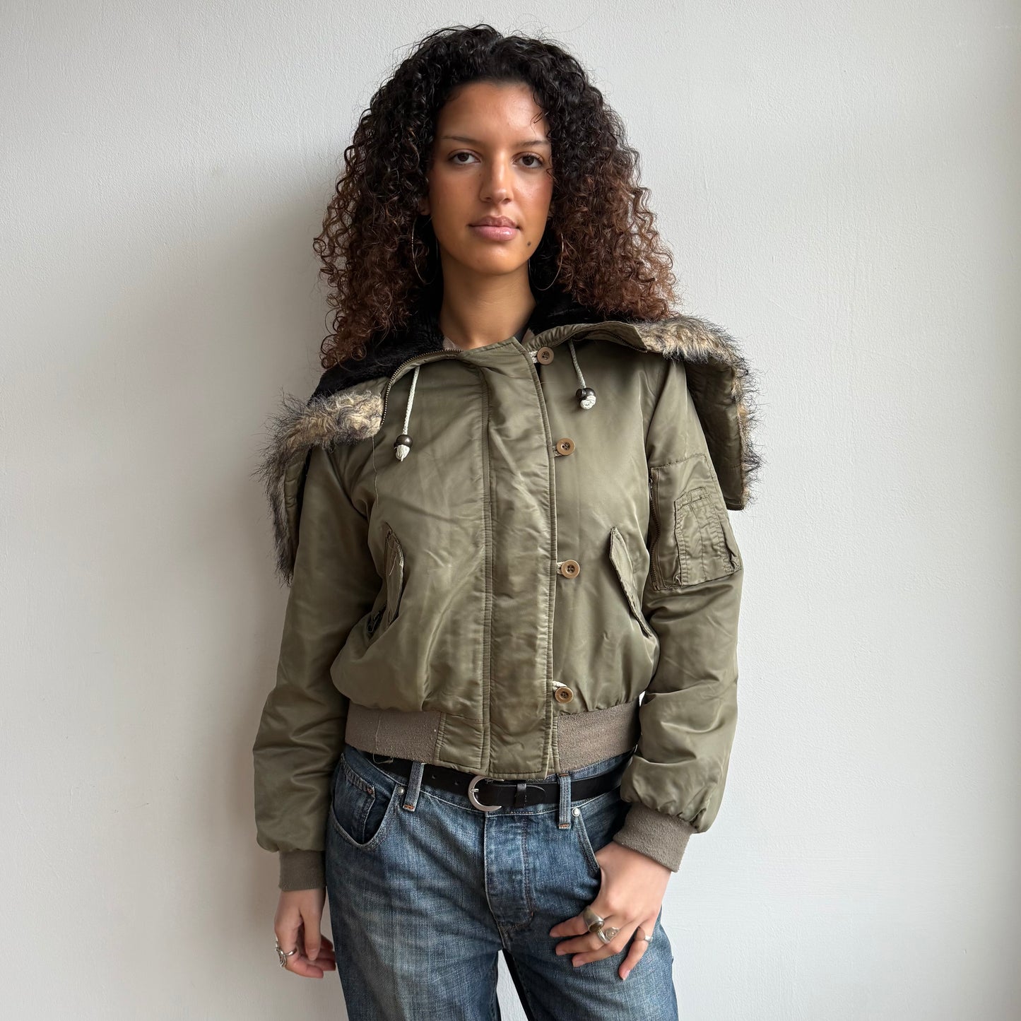 Khaki fur hood bomber - Size M