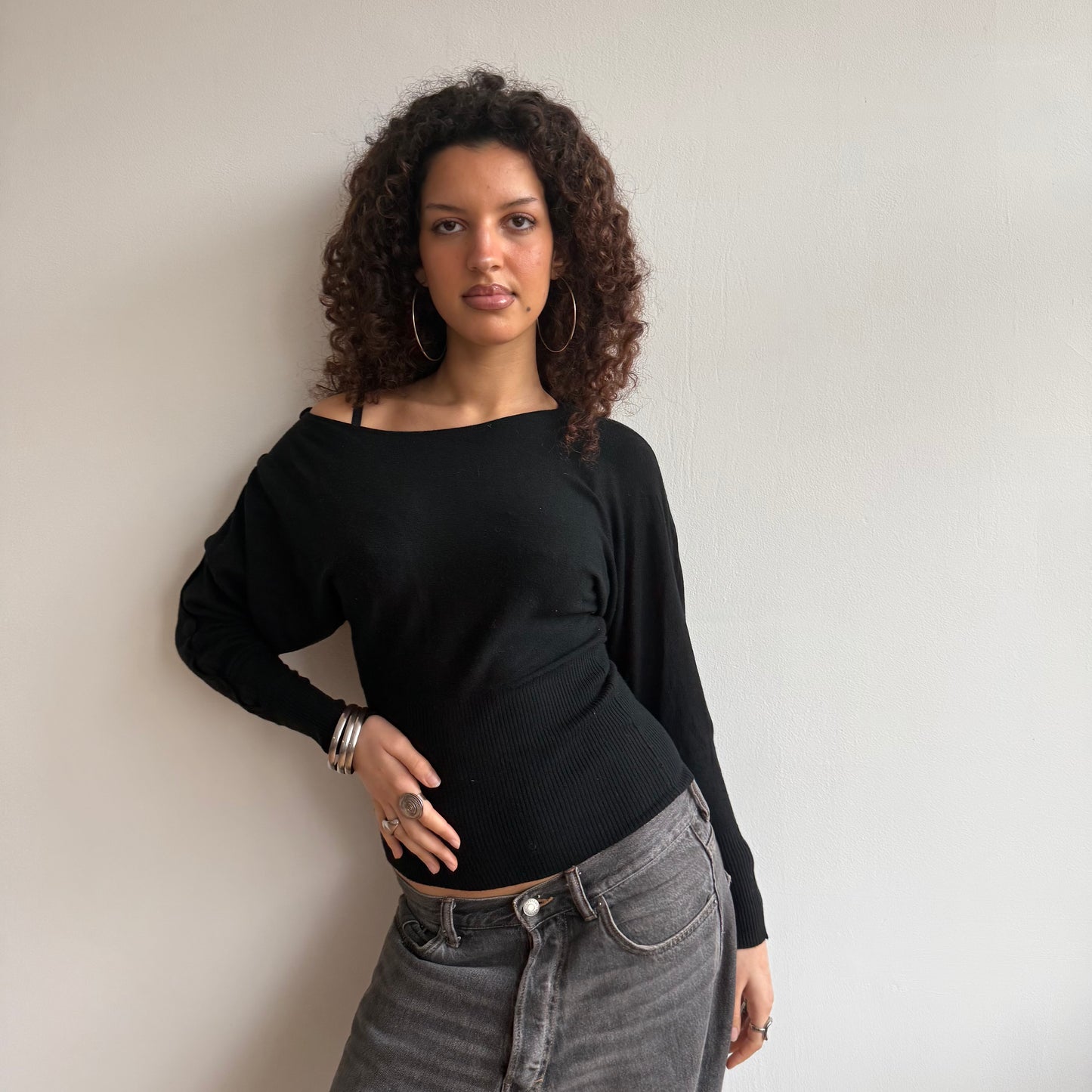 Black slouchy button jumper - Size S