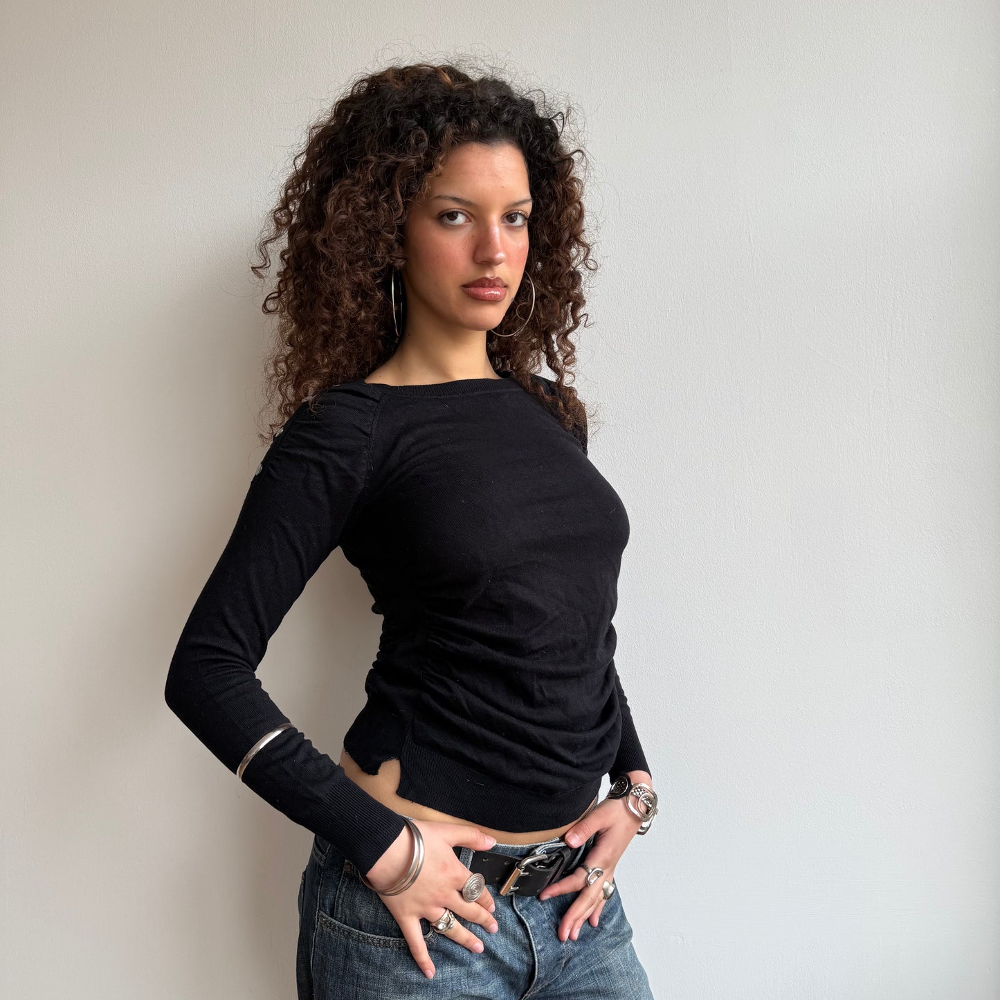 Black ruched button knit - Size S