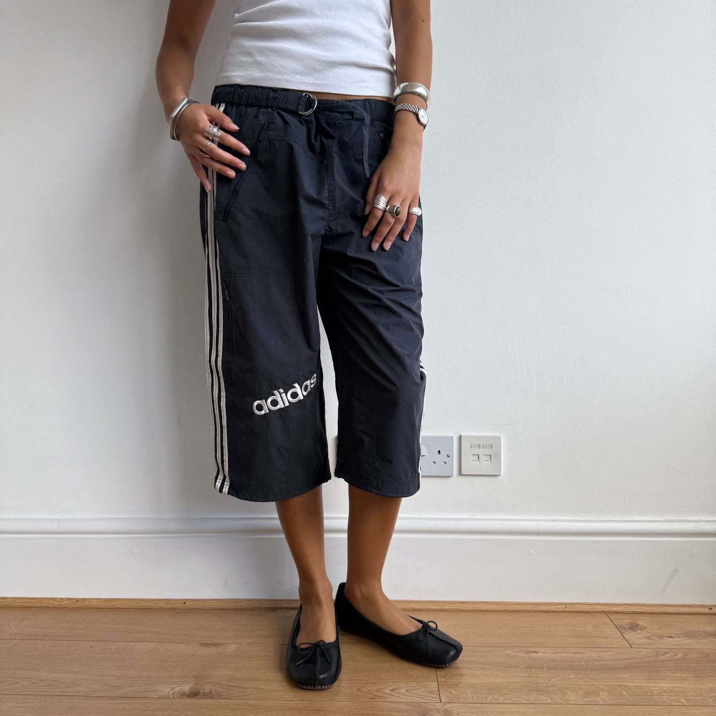 Navy Adidas belt capris - Size M + L