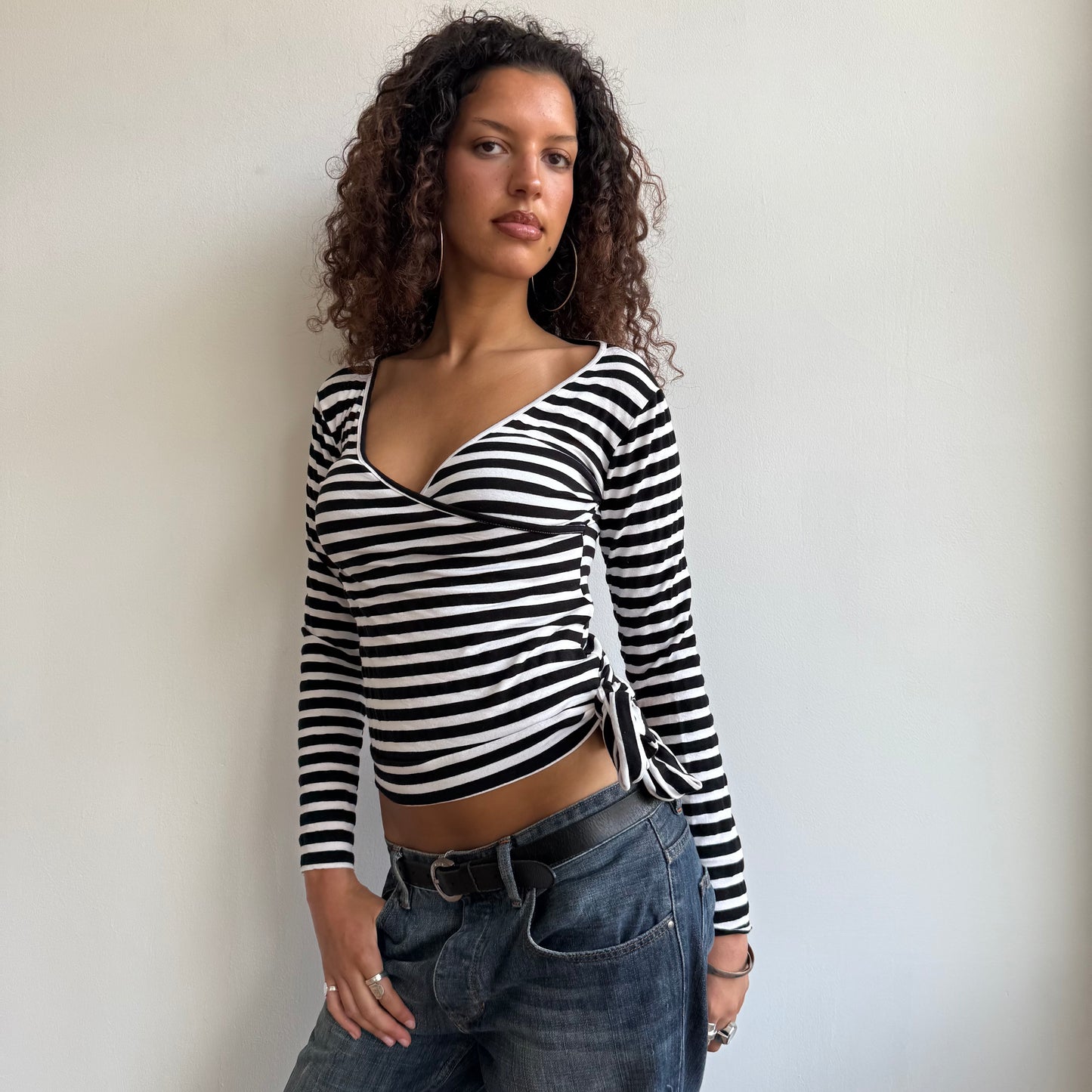 Black + white ballet wrap top - Size S/M