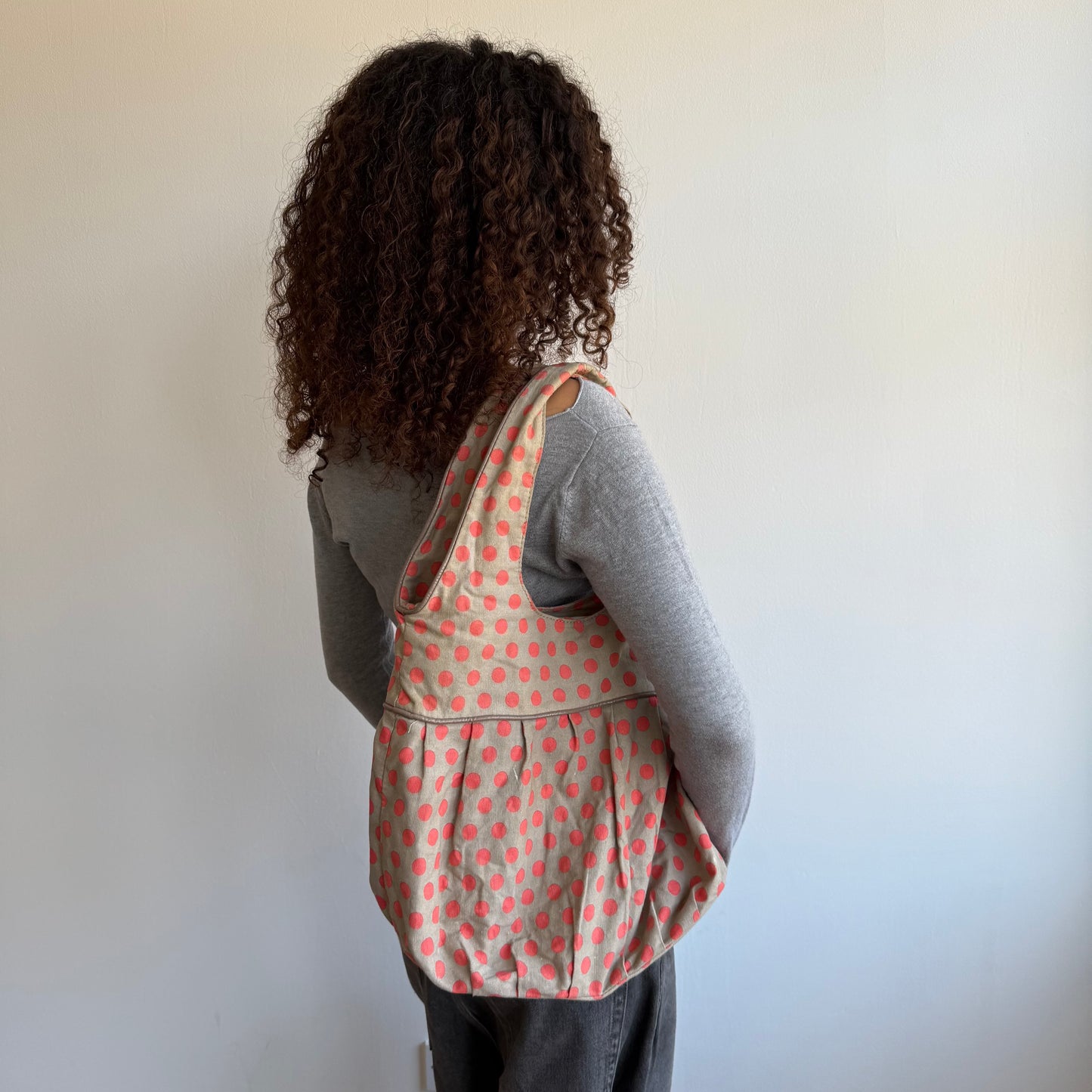 Khaki + orange polka dot bag