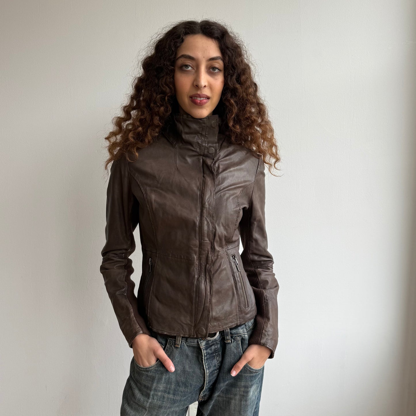 Brown leather asymmetric jacket - Size S