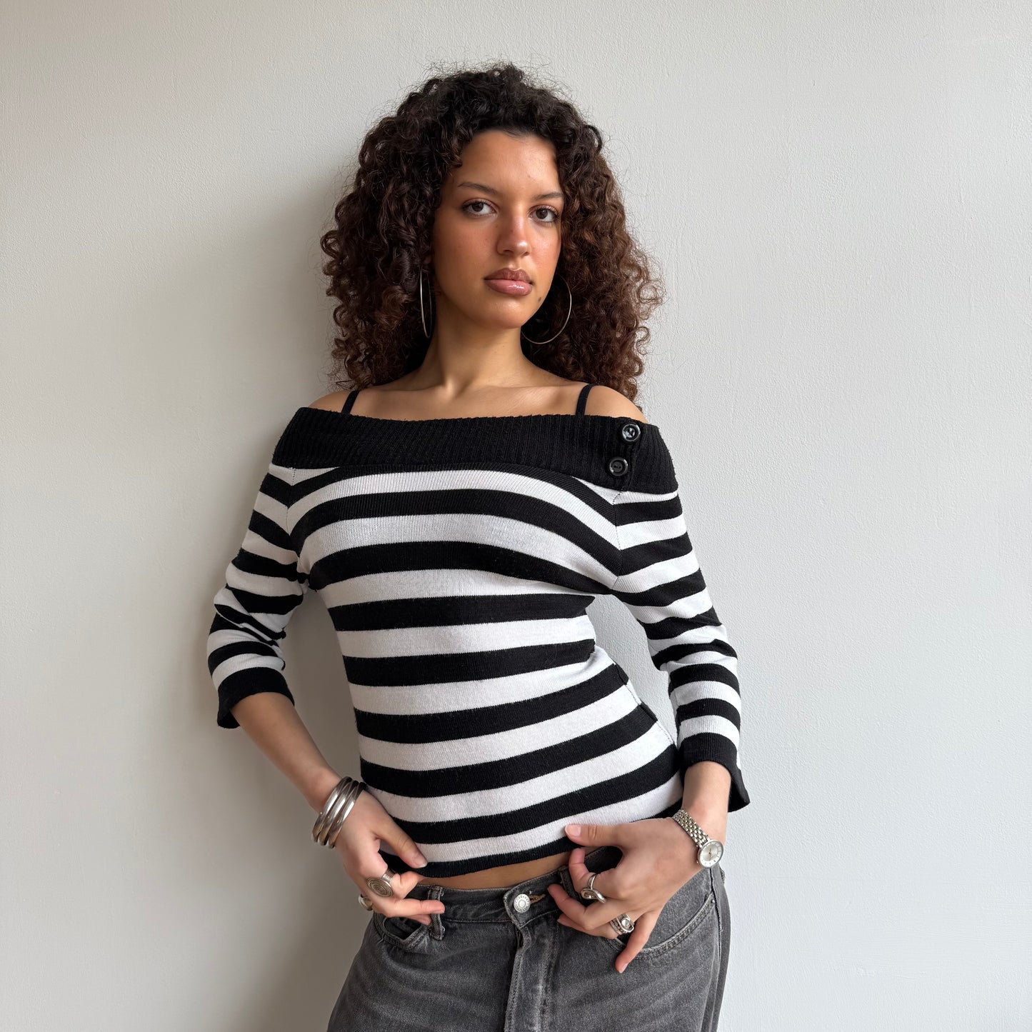 Black stripe bardot knit - Size S