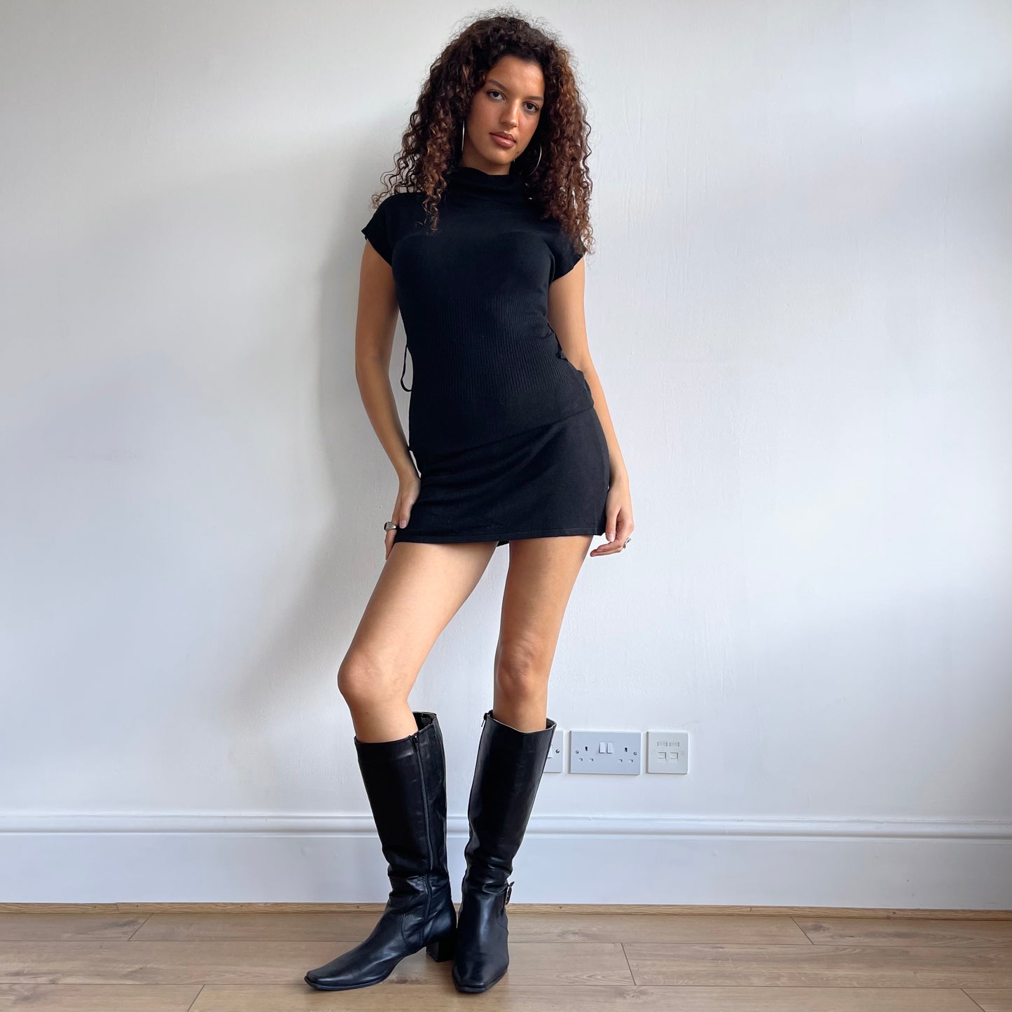 Black knit roll neck dress - Size S