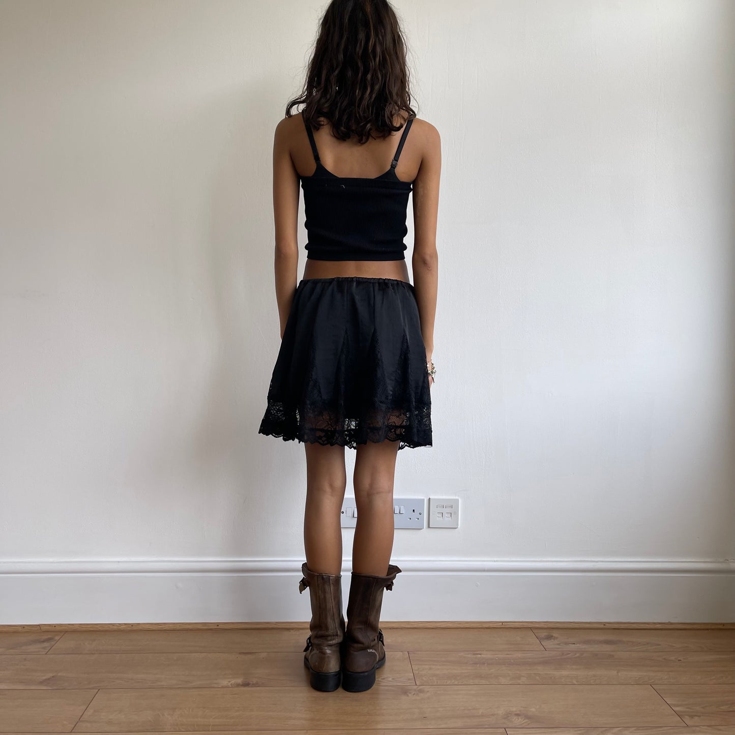 Black satin lace mini skirt - Size S