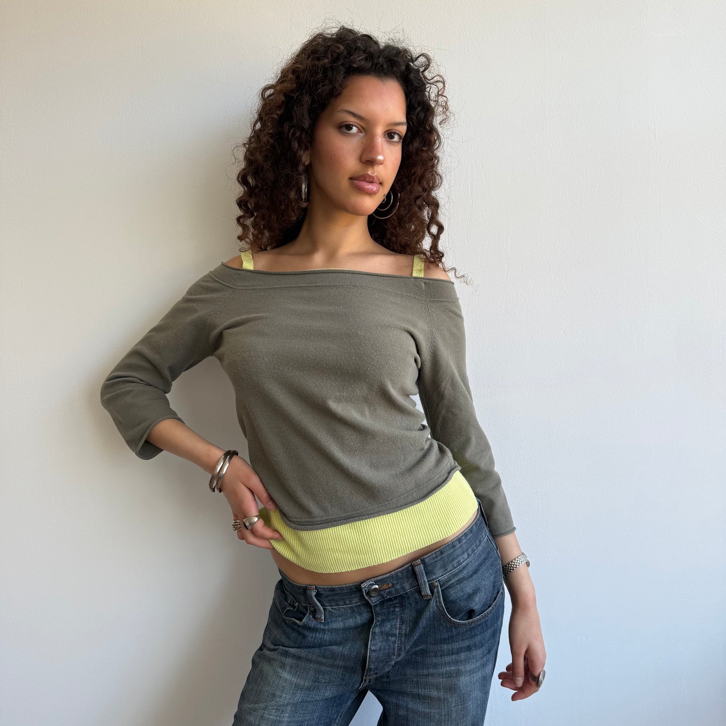 Yellow + brown double layer knit - Size S/M