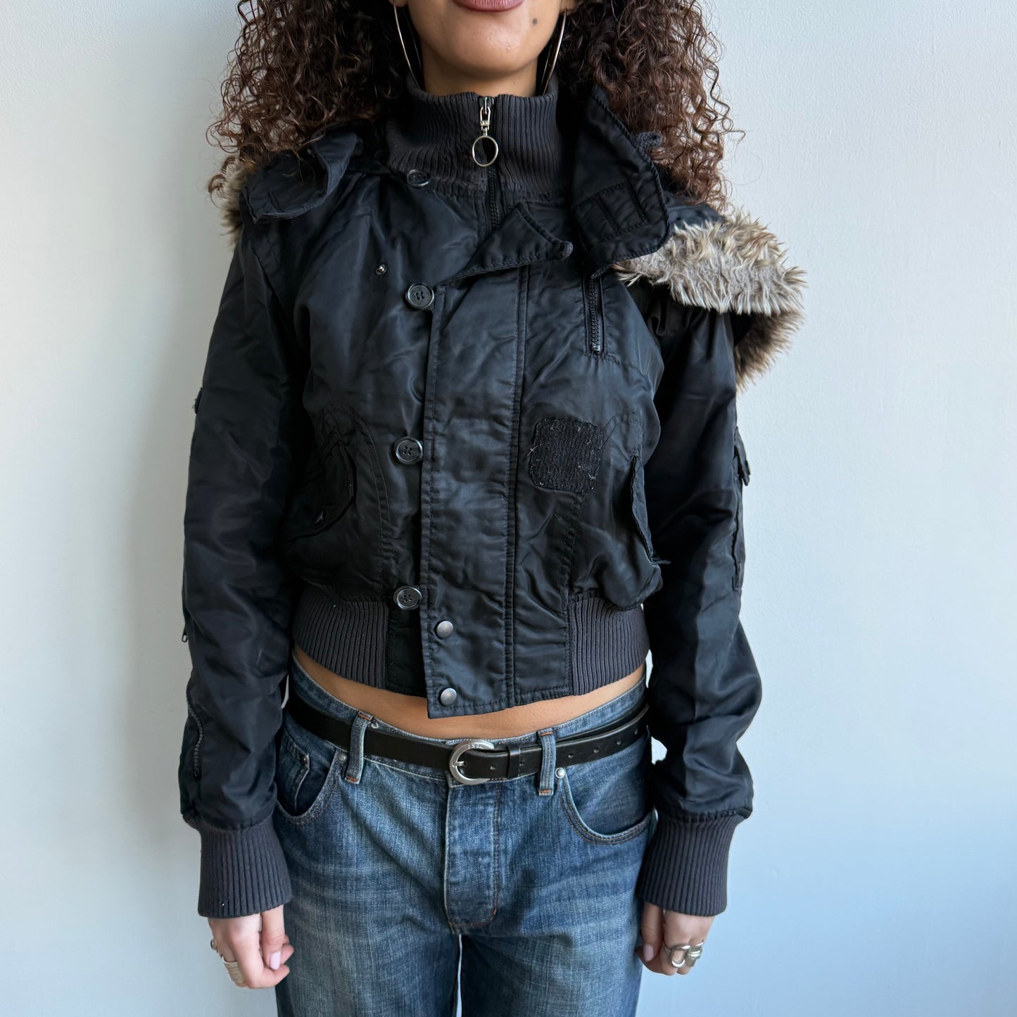 Black faux fur hood bomber - Size M