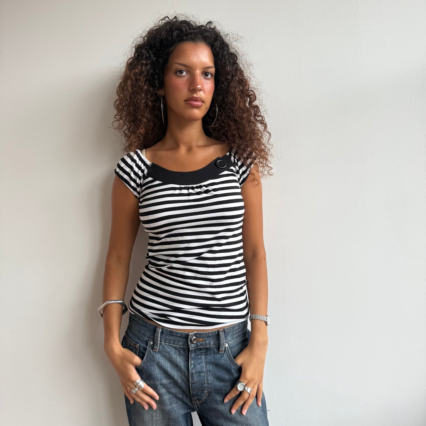 Black + white stripe button top - Size S , S/M + M