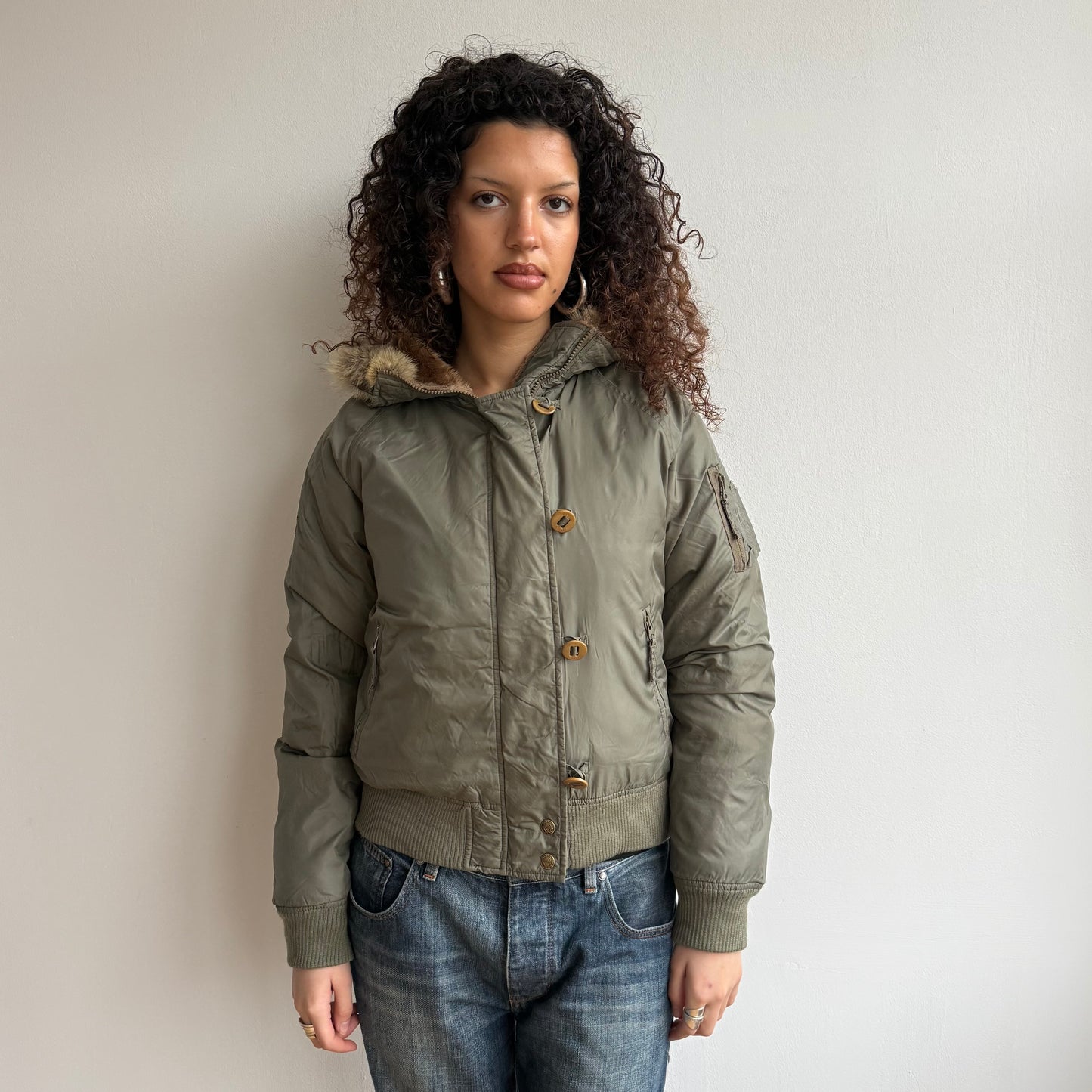 Khaki down fur hood puffer - Size M
