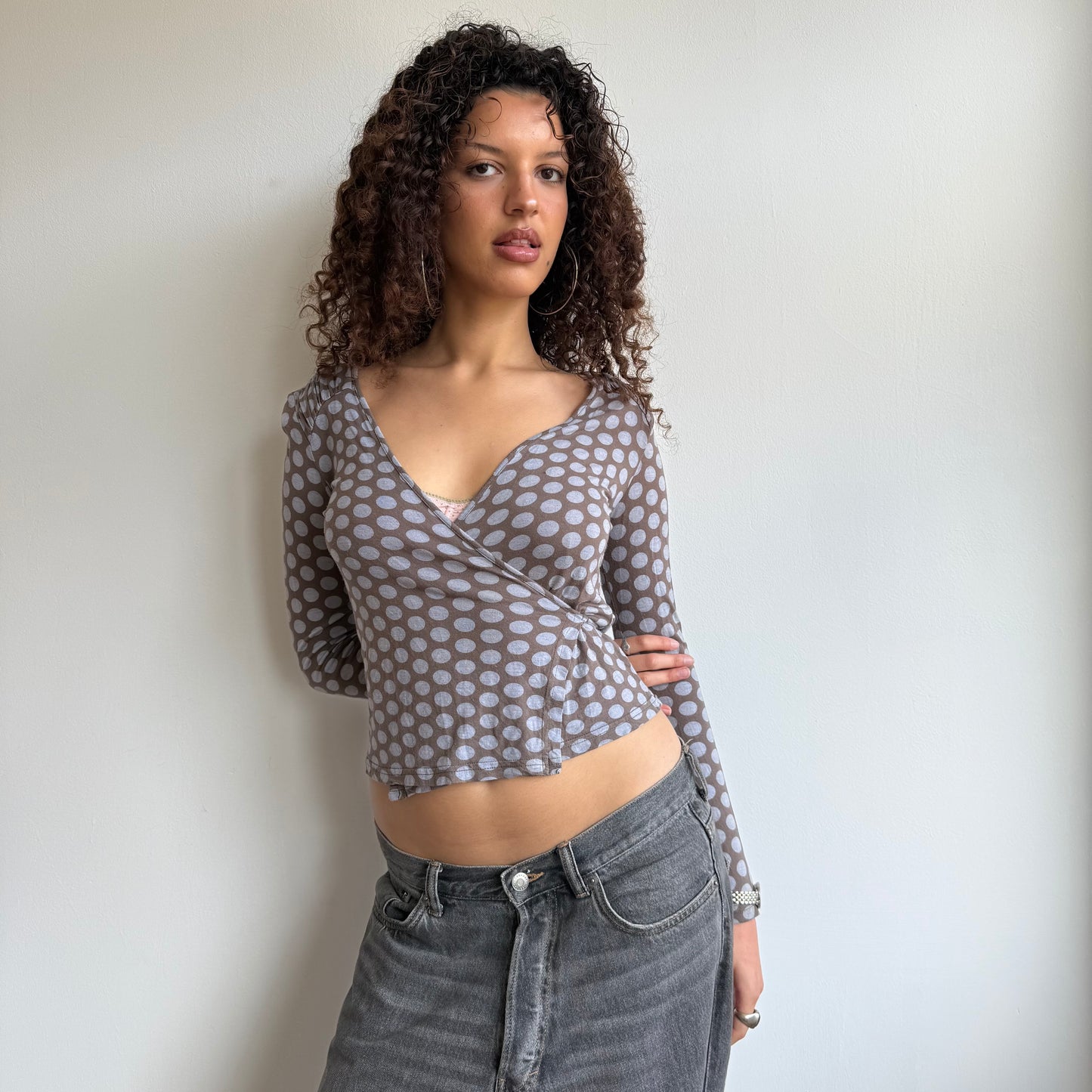Brown + lilac polka dot wrap top - Size S/M