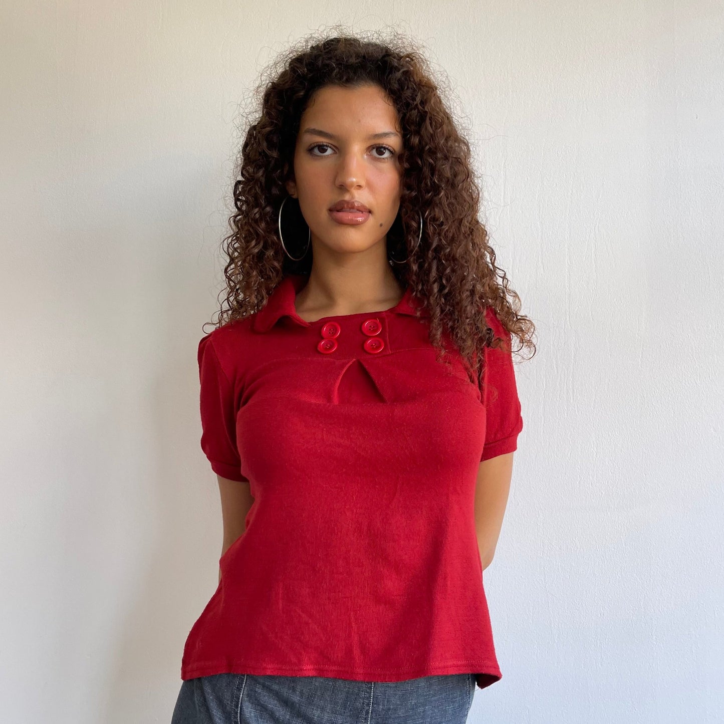 Red button collar top - Size S
