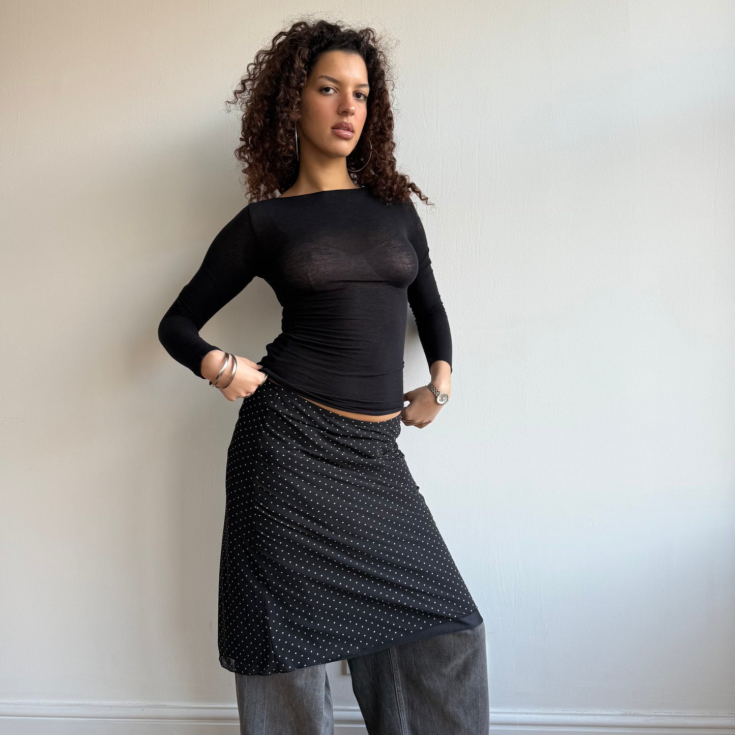 Black polka dot midi skirt - Size M