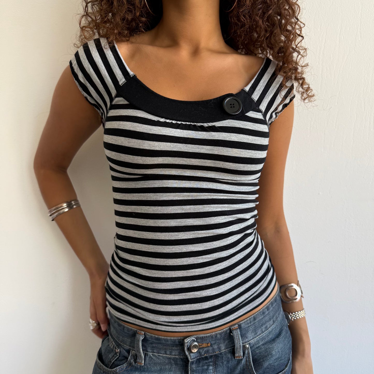 Grey stripe button top - Size S