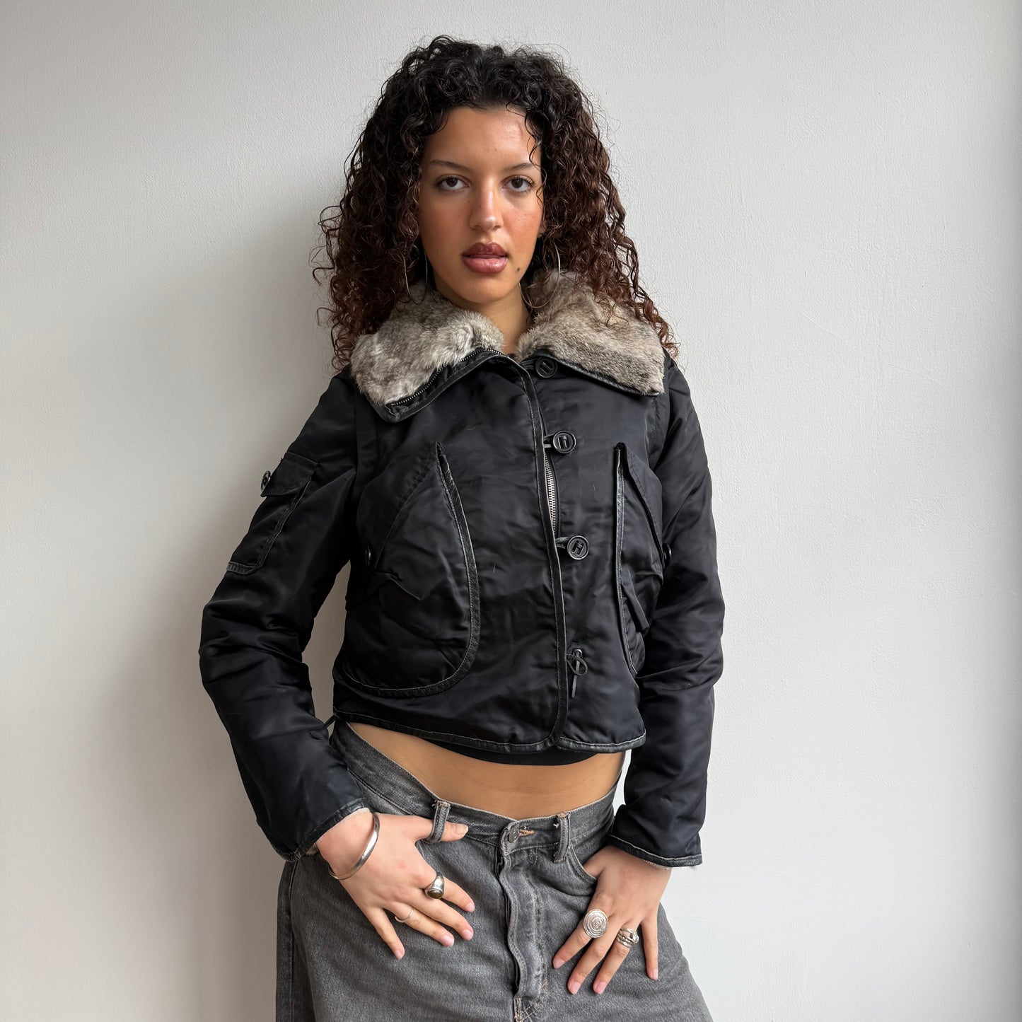 Black rabbit fur bomber - Size S