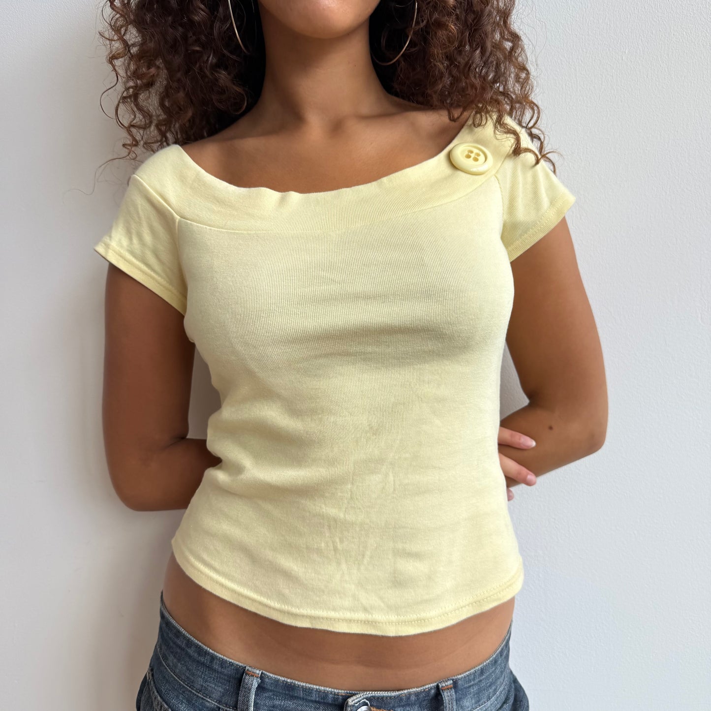 Yellow Bardot button top - Size S