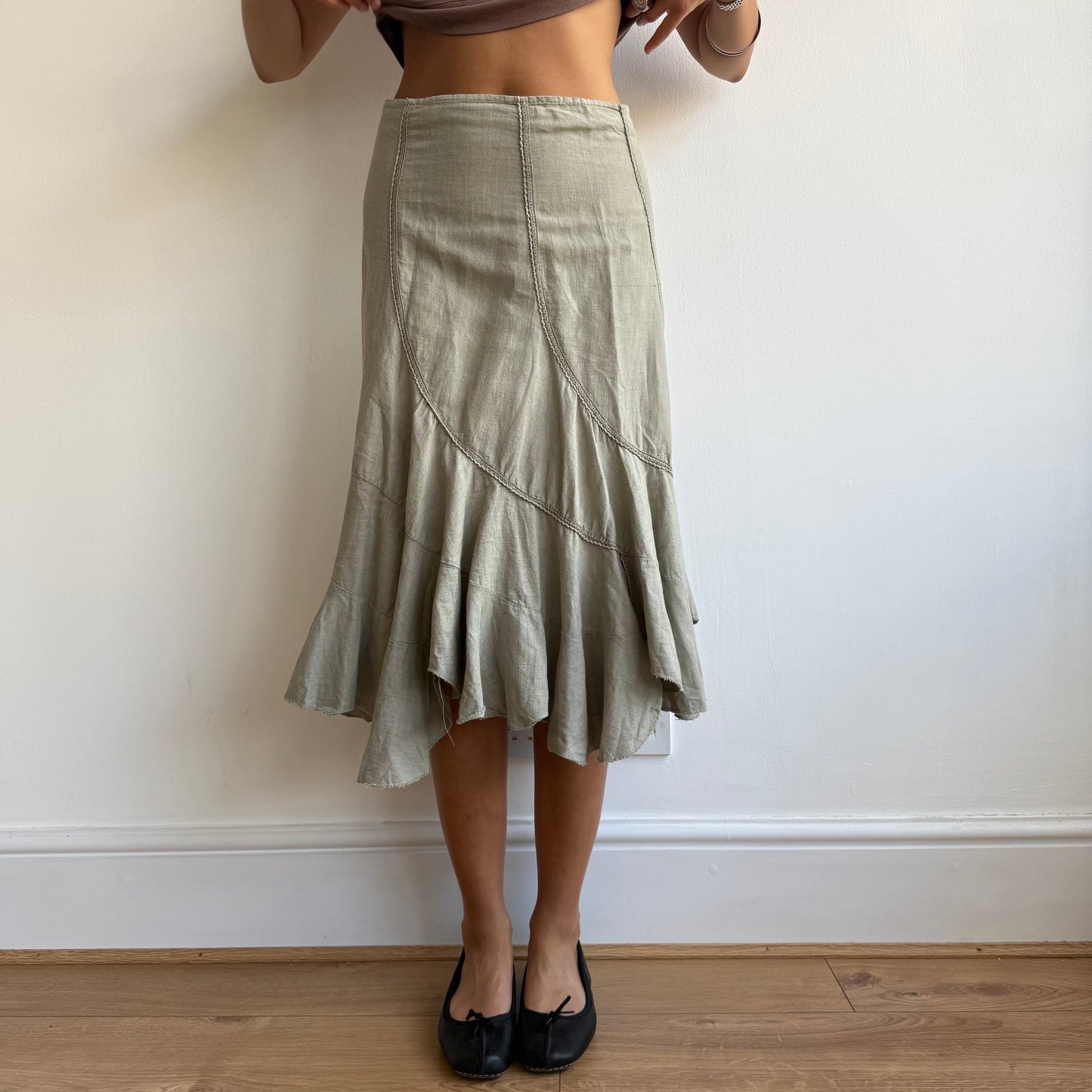 Khaki linen midi skirt - Size XS