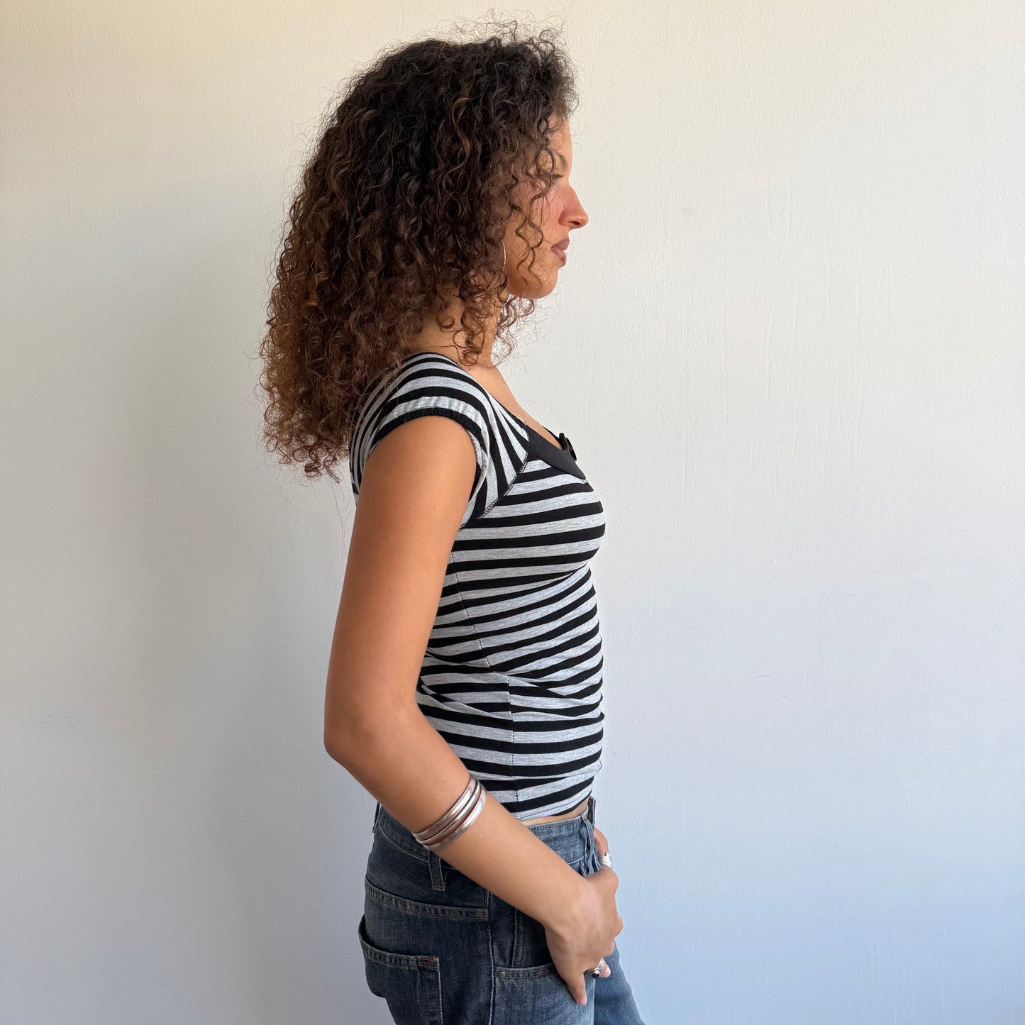 Grey stripe button top - Size S