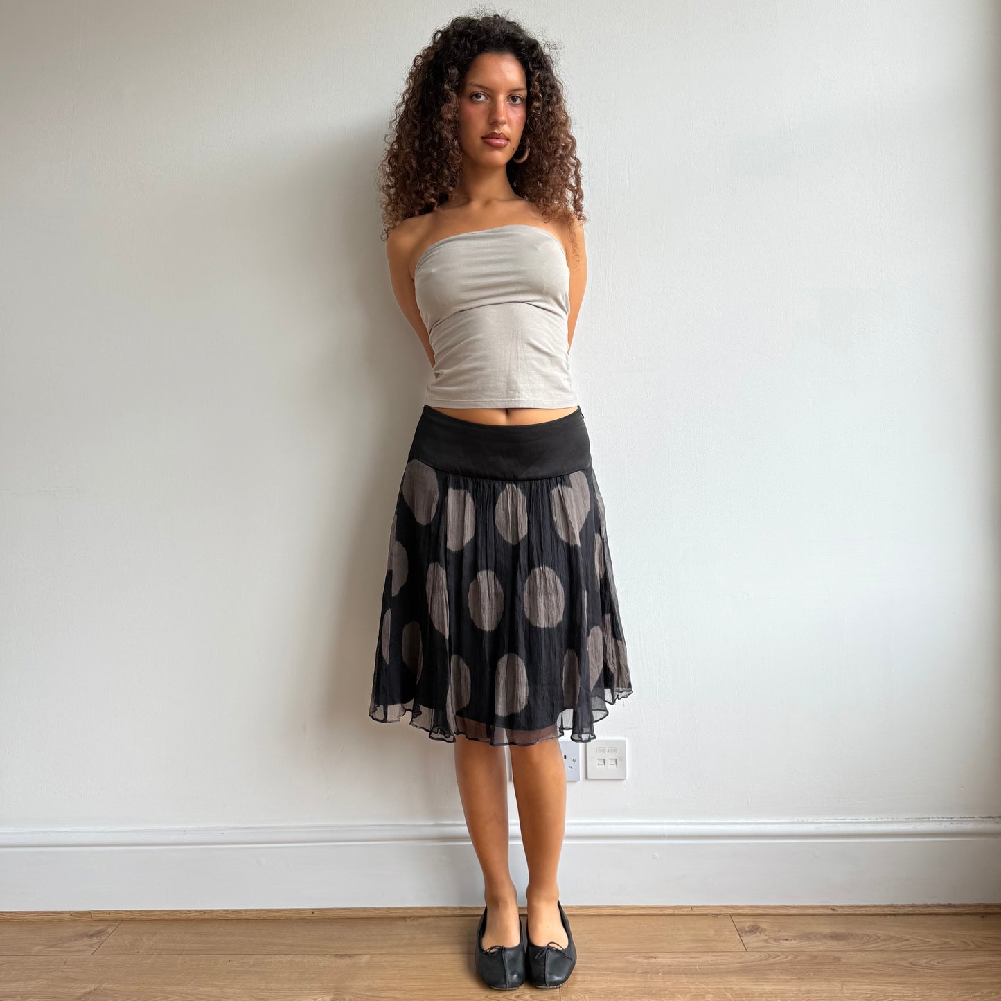 Brown chiffon polka dot midi skirt - Size M/L