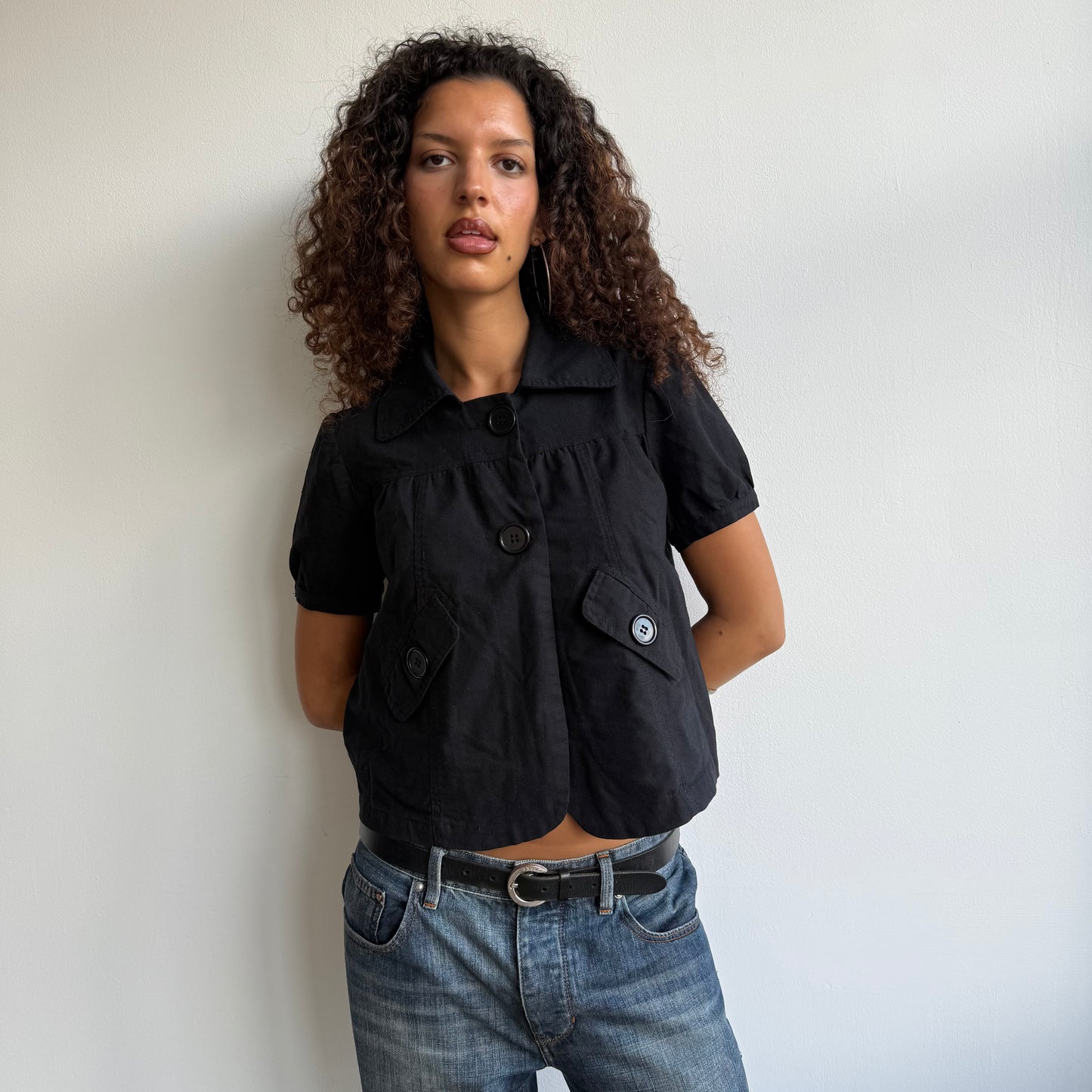 Black linen short sleeve peacoat - Size S/M