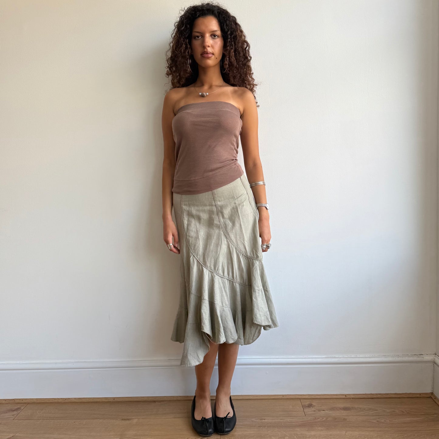 Khaki linen midi skirt - Size XS