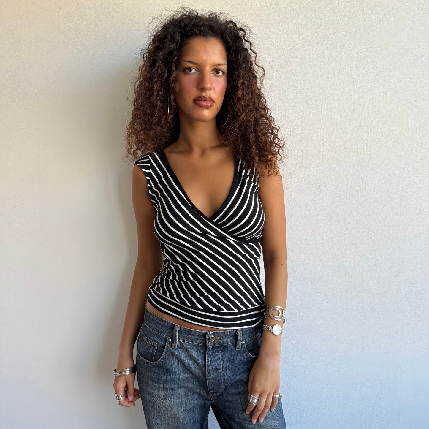Black + white ballet wrap top - Size M
