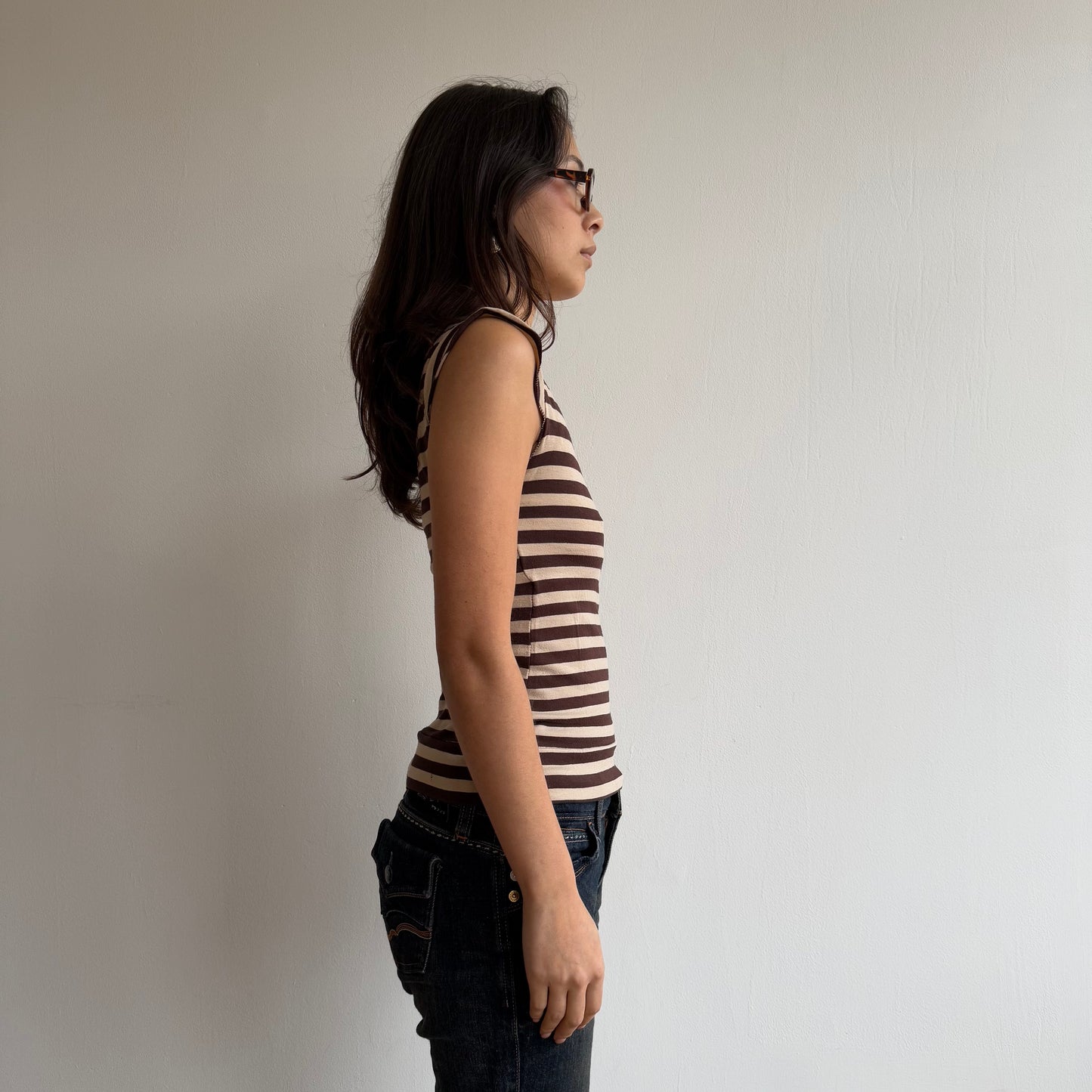 Beige striped wrap short sleeve top - Size S