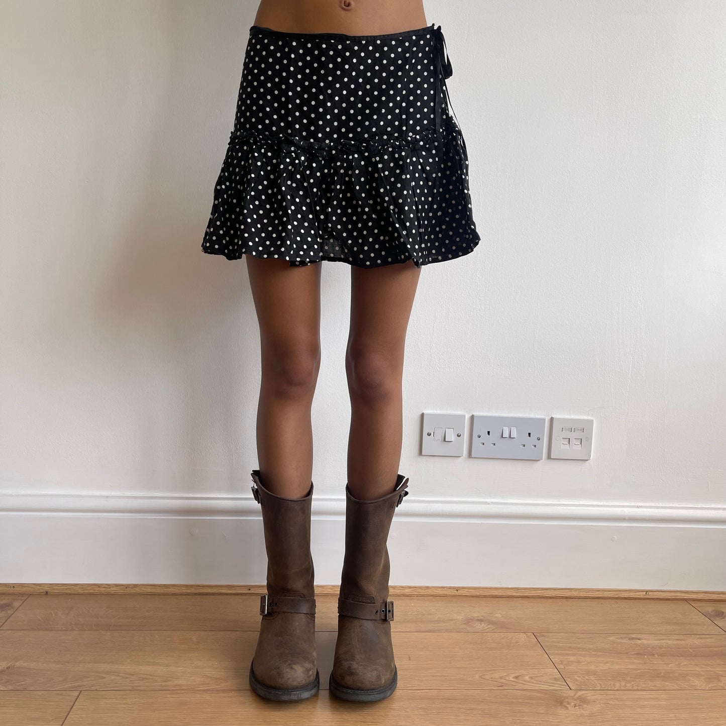 Black polka dot tie side mini skirt - Size XS