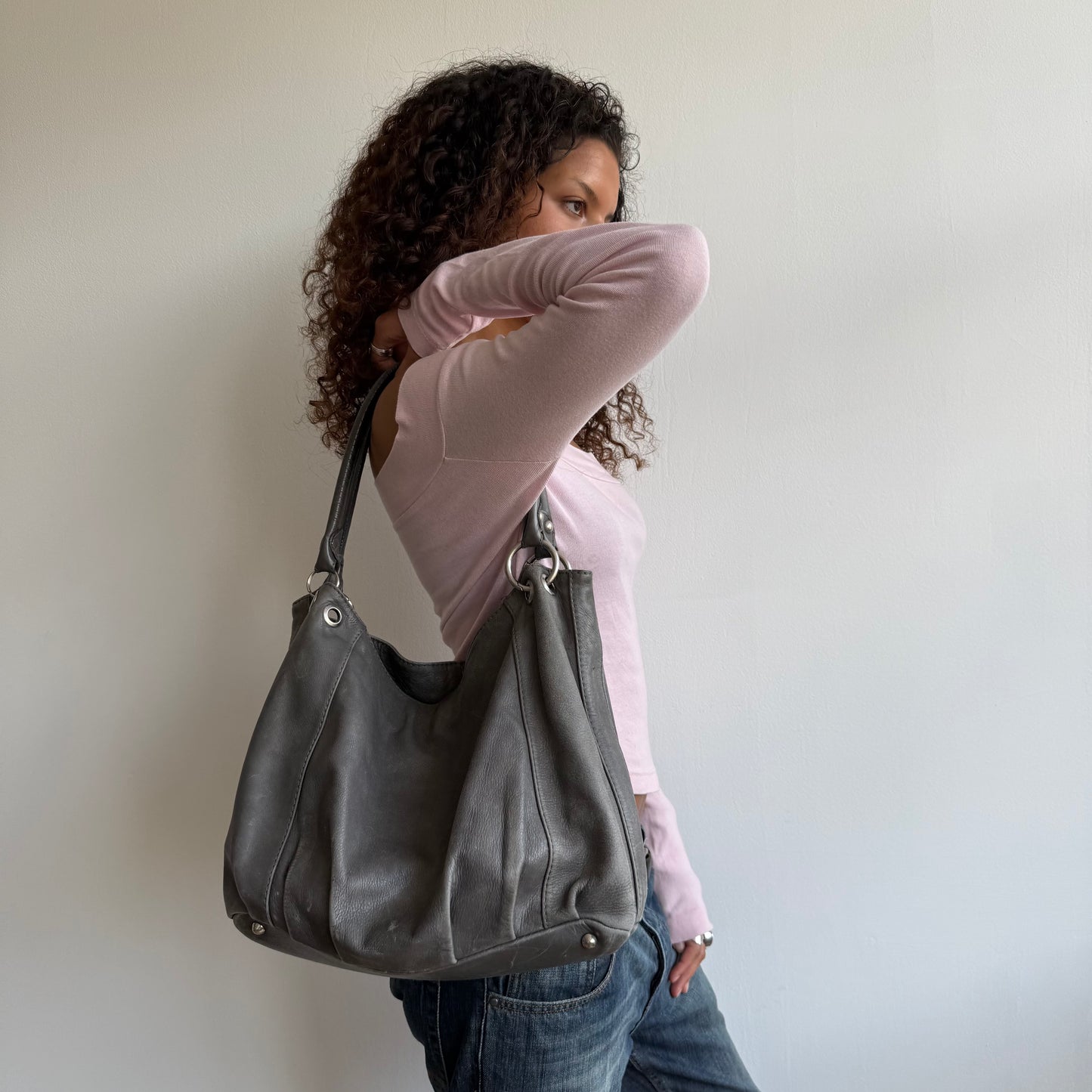 Grey leather slouchy bag