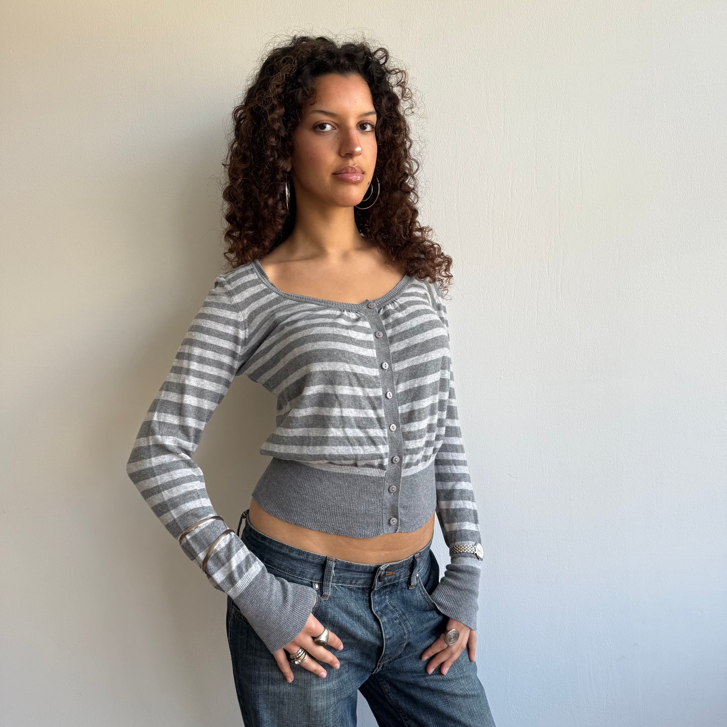 Light grey striped cardi - Size M