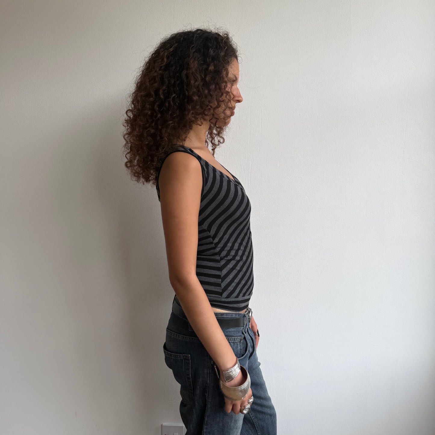Black + grey stripe wrap top - Size M