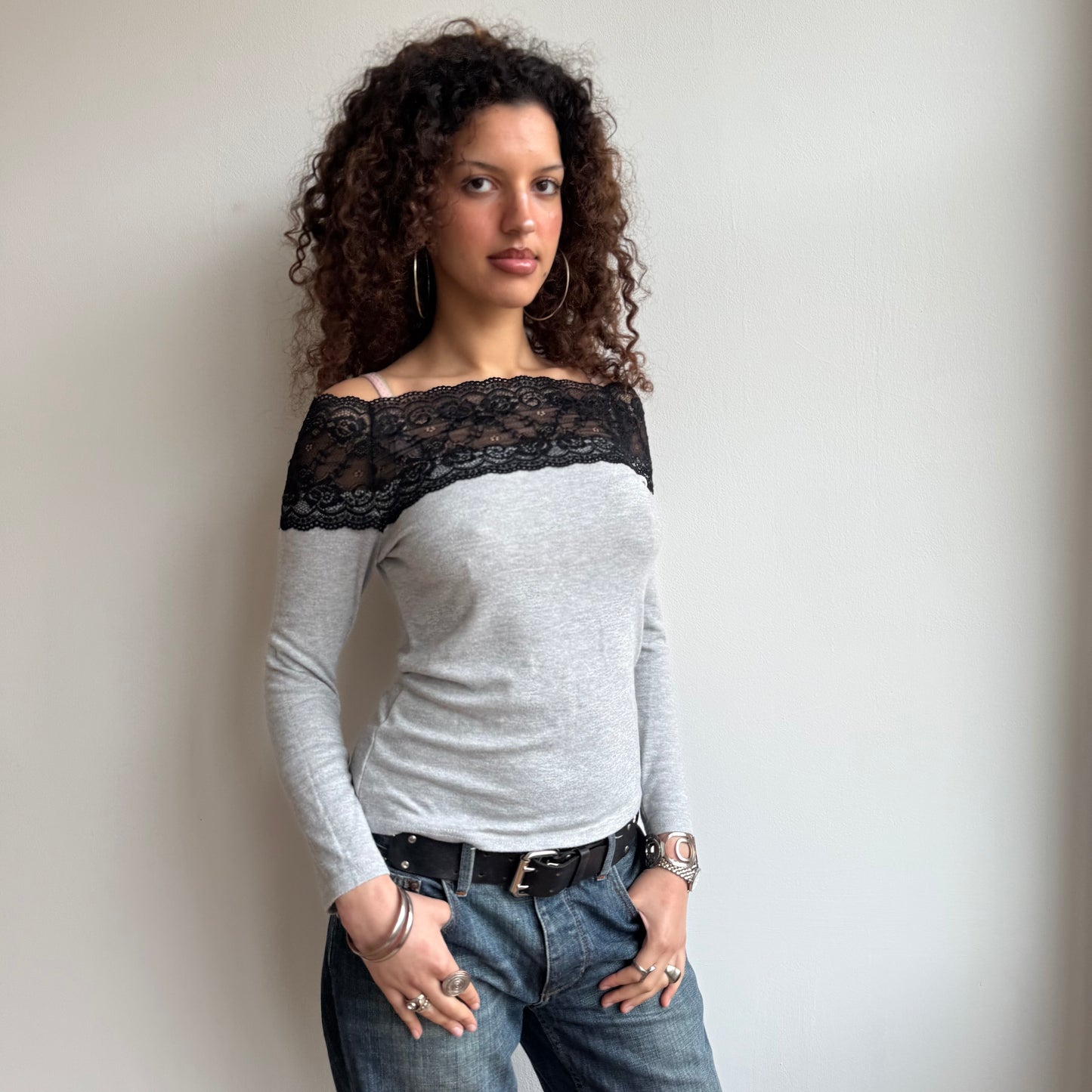 Grey Bardot lace knit top - Size S/M