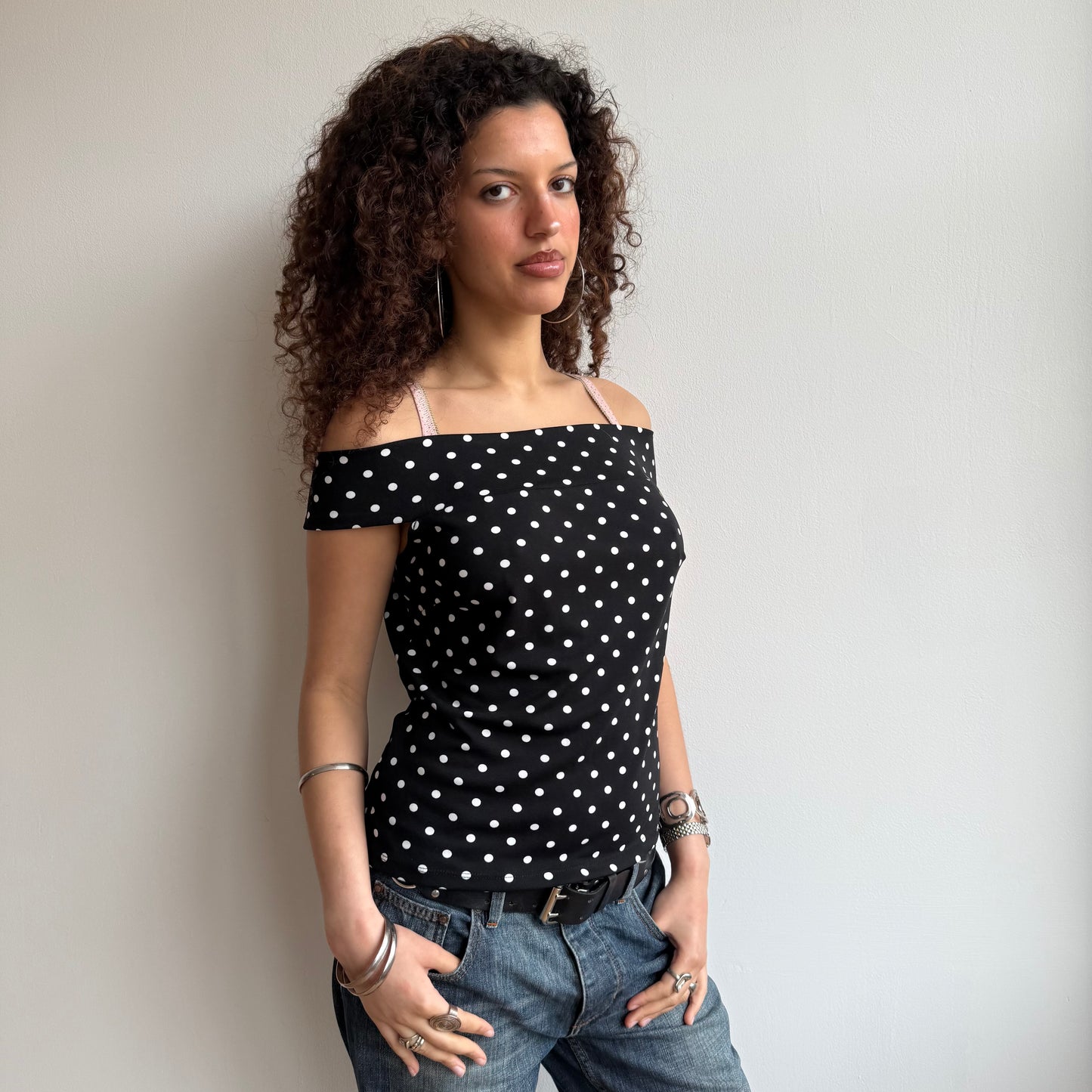 Black polka dot Bardot top - Size M