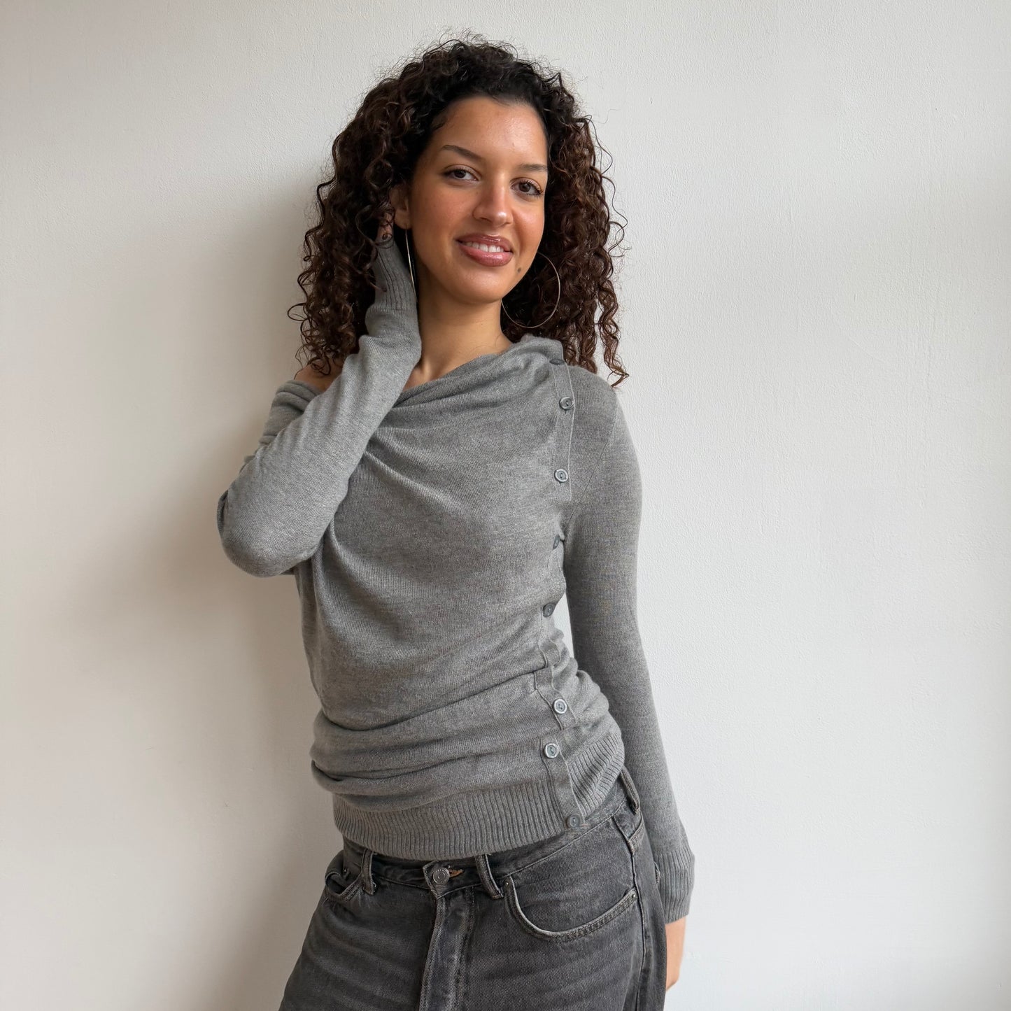 Grey knit button jumper dress - Size S