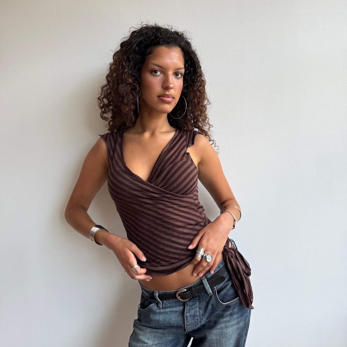 Brown wrap tie-side top - Size S/M