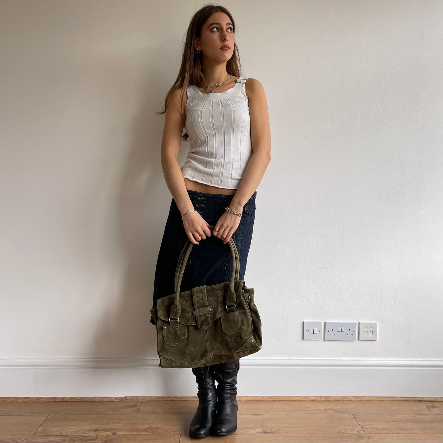 Khaki suede buckle bag