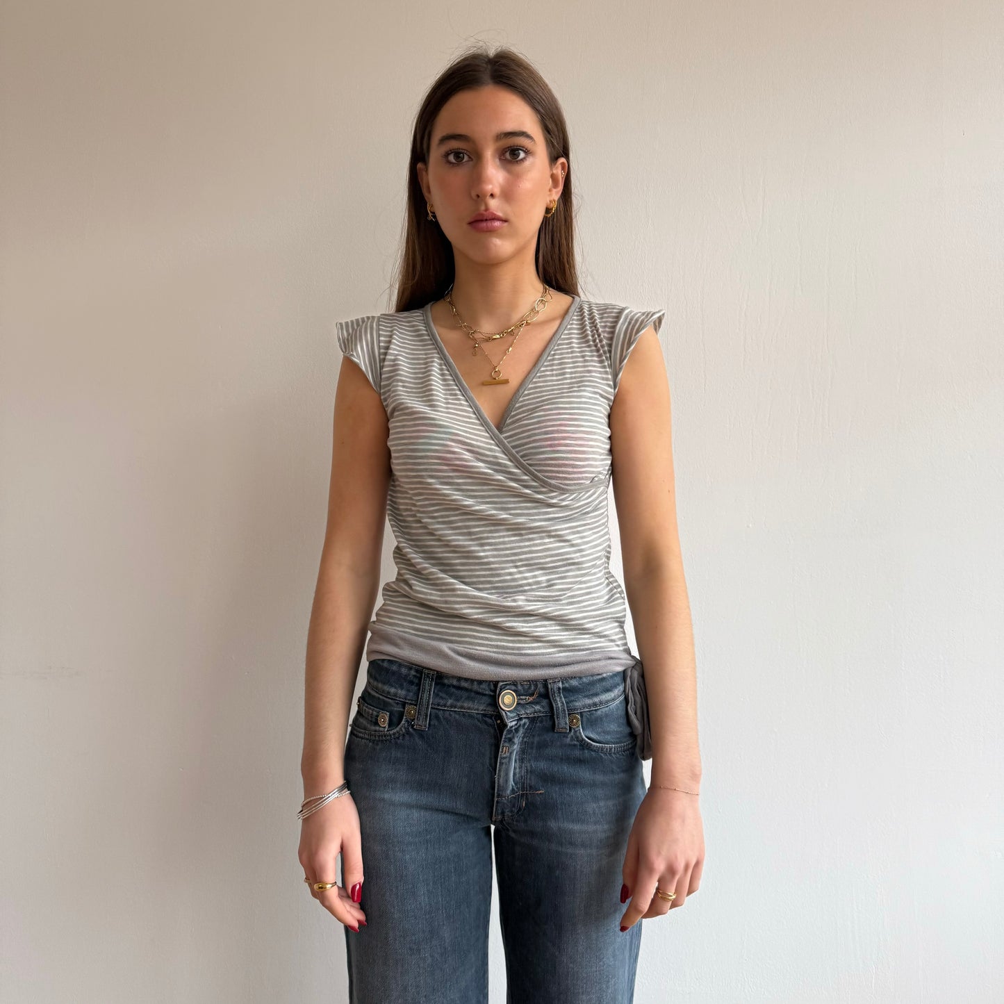 Grey and white stripe wrap top - Size S