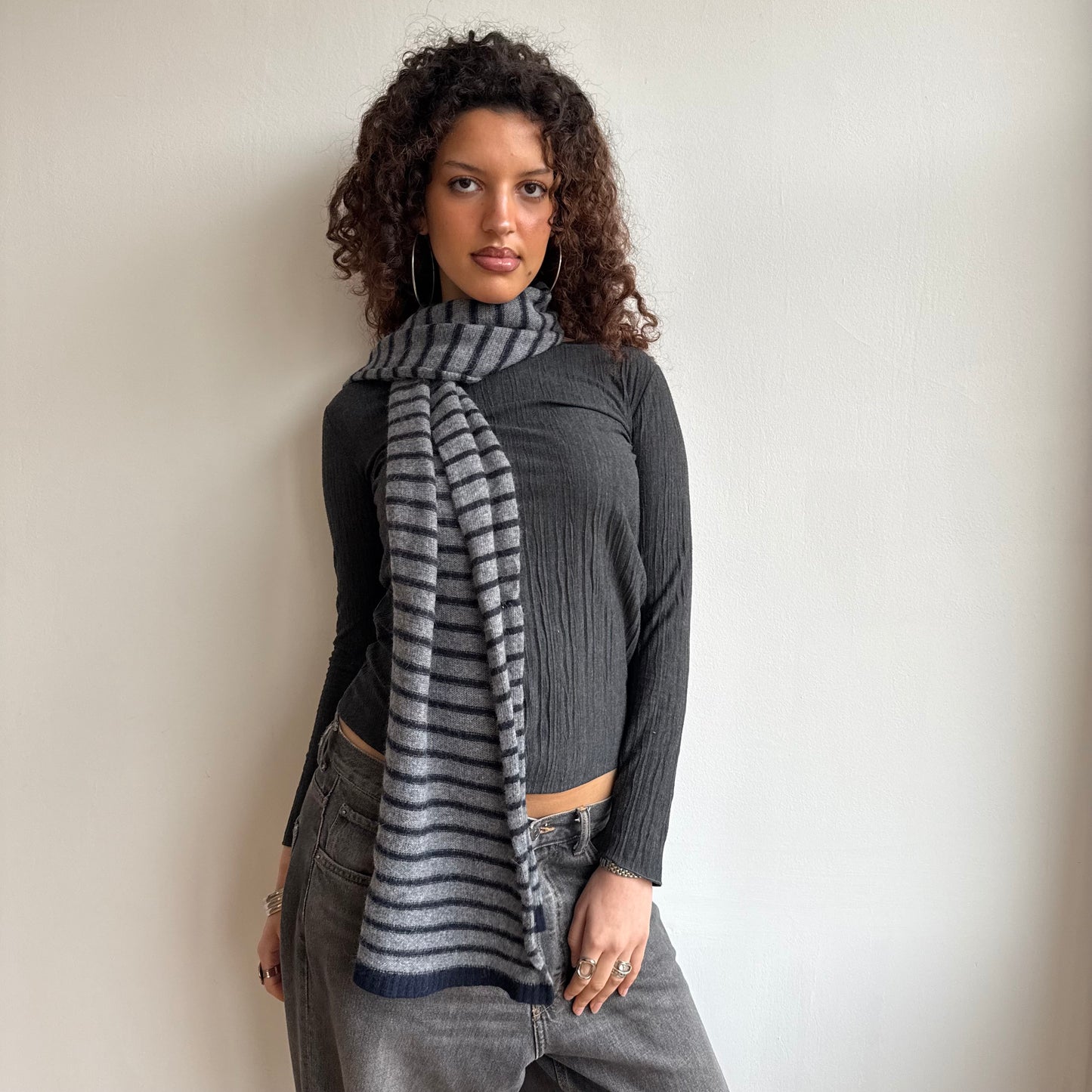 Grey and navy stripe scarf