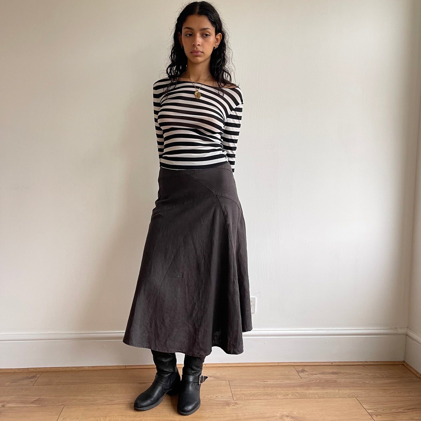 Brown linen midi skirt - Size S