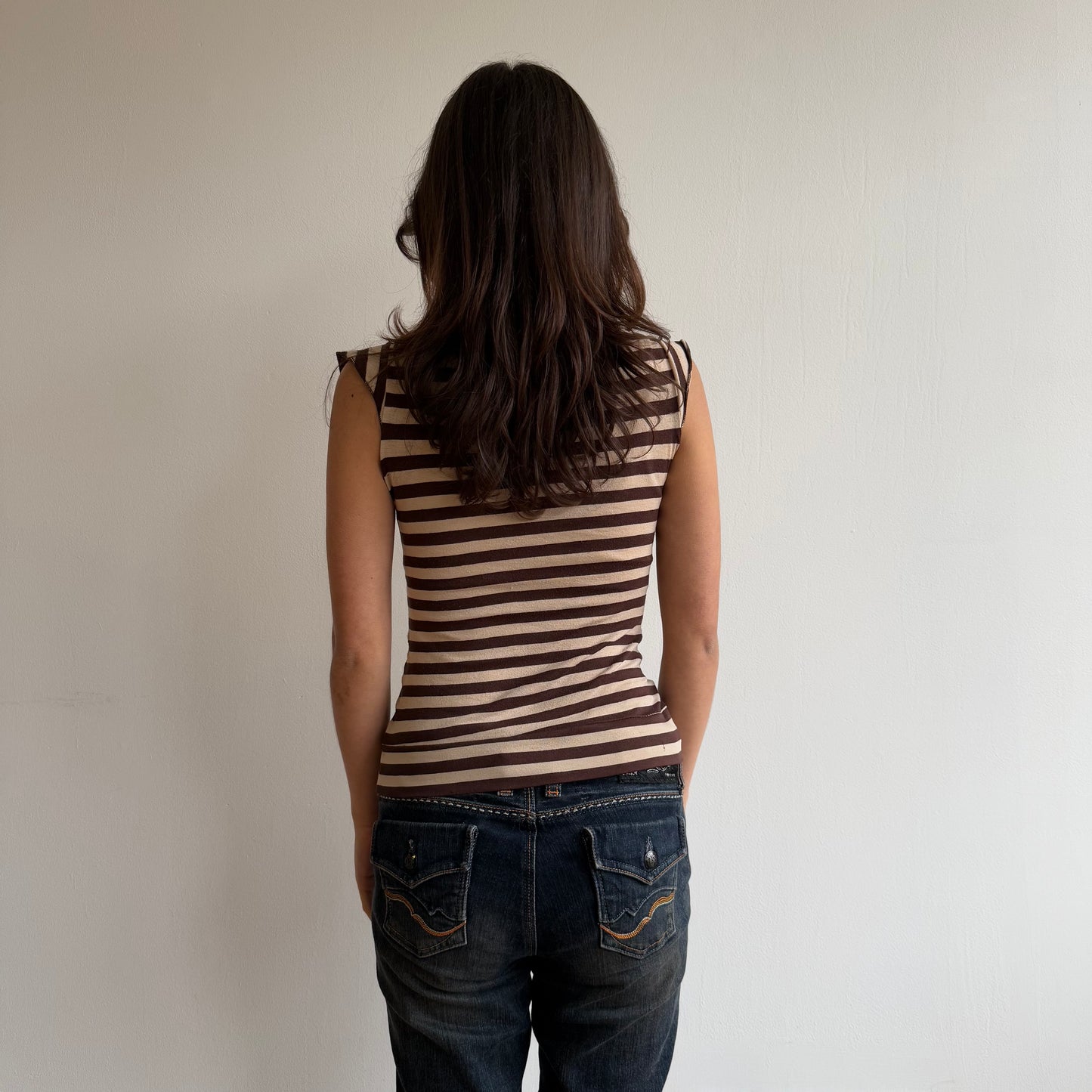 Beige striped wrap short sleeve top - Size S