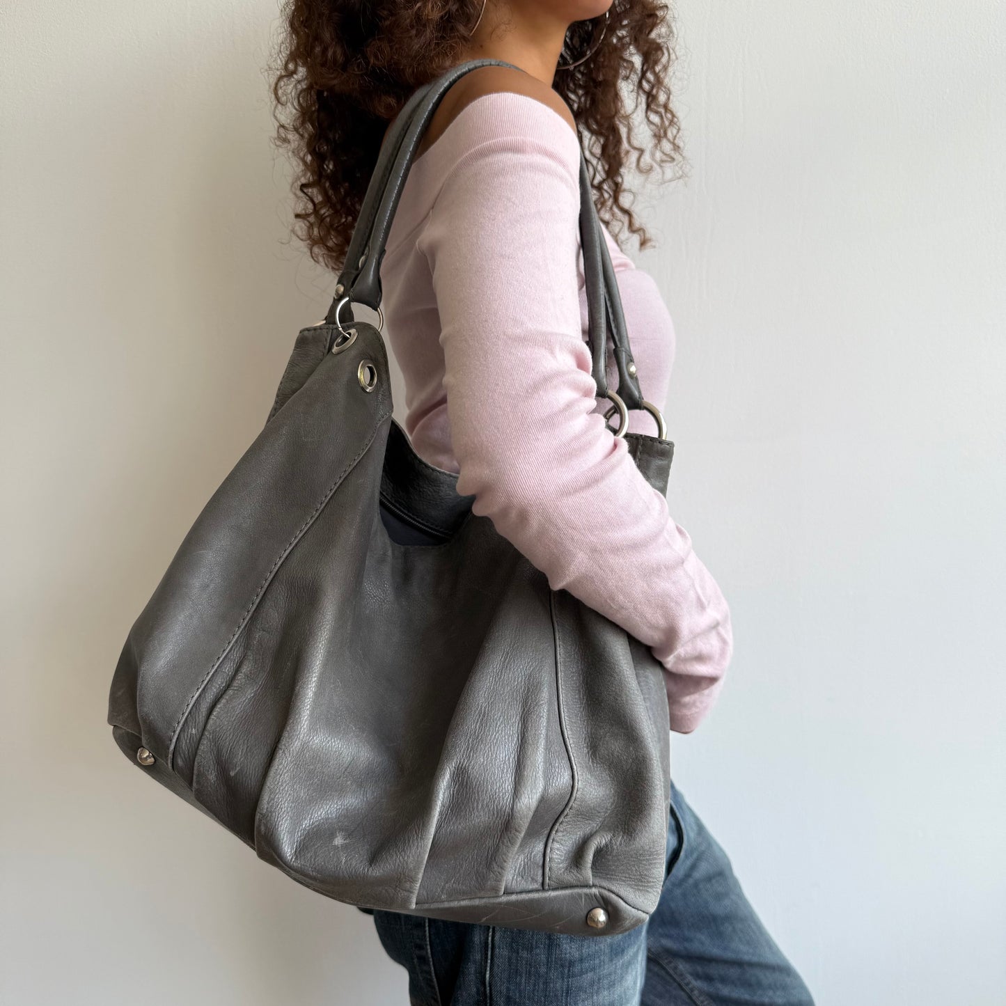 Grey leather slouchy bag