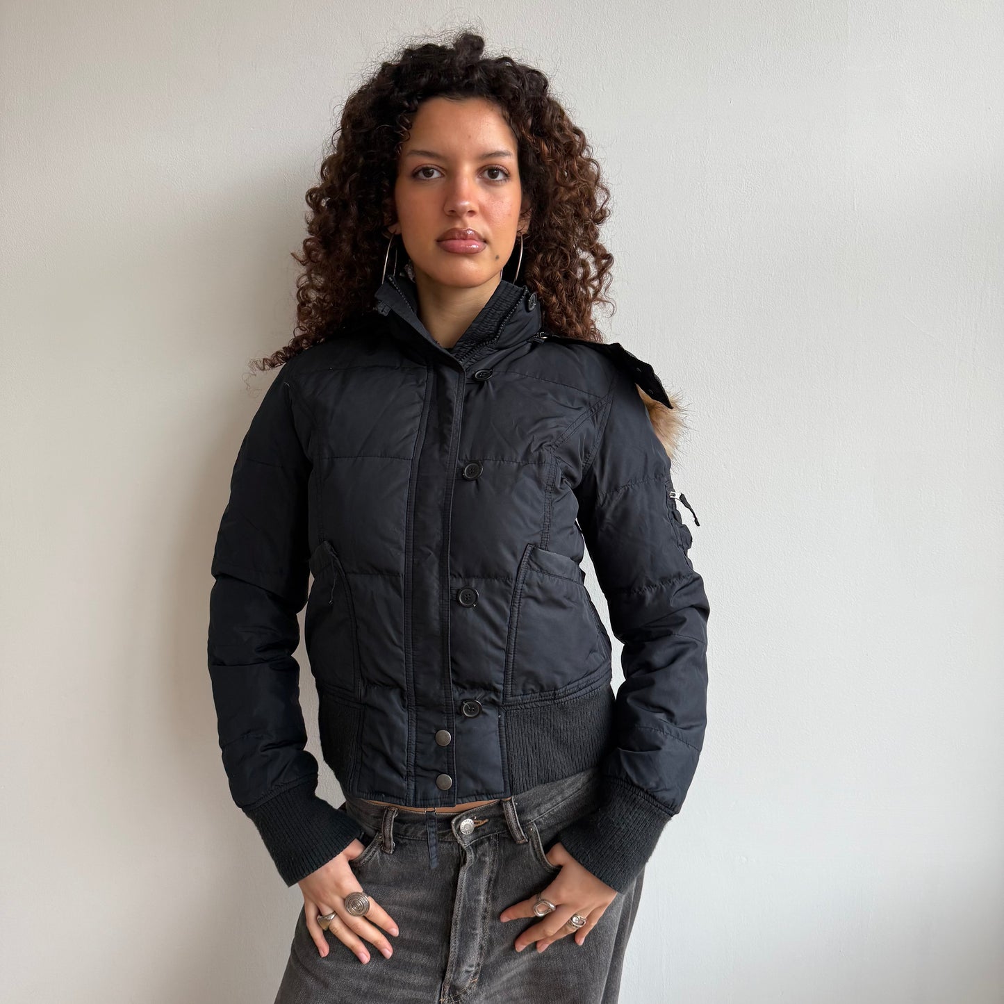 Black fur hood bomber - Size S