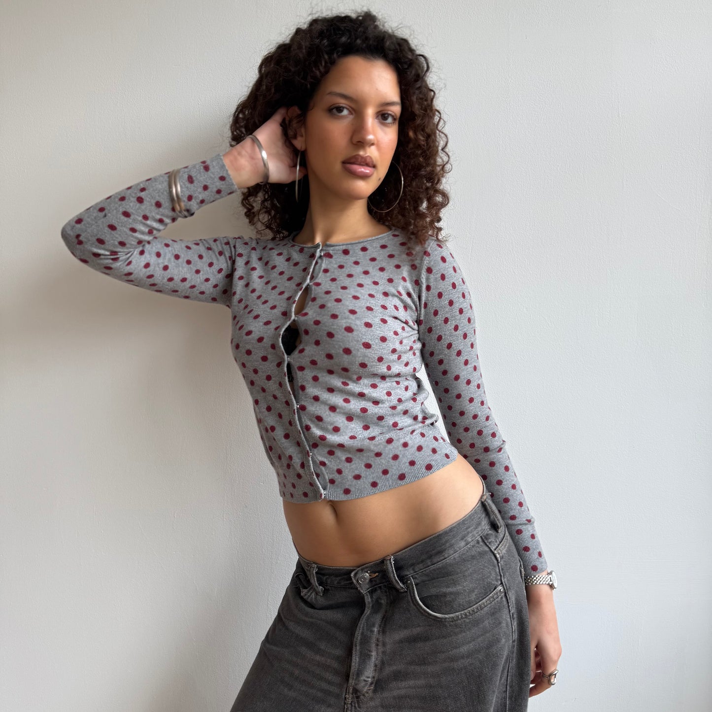 Burgundy polka dot cardi - Size S