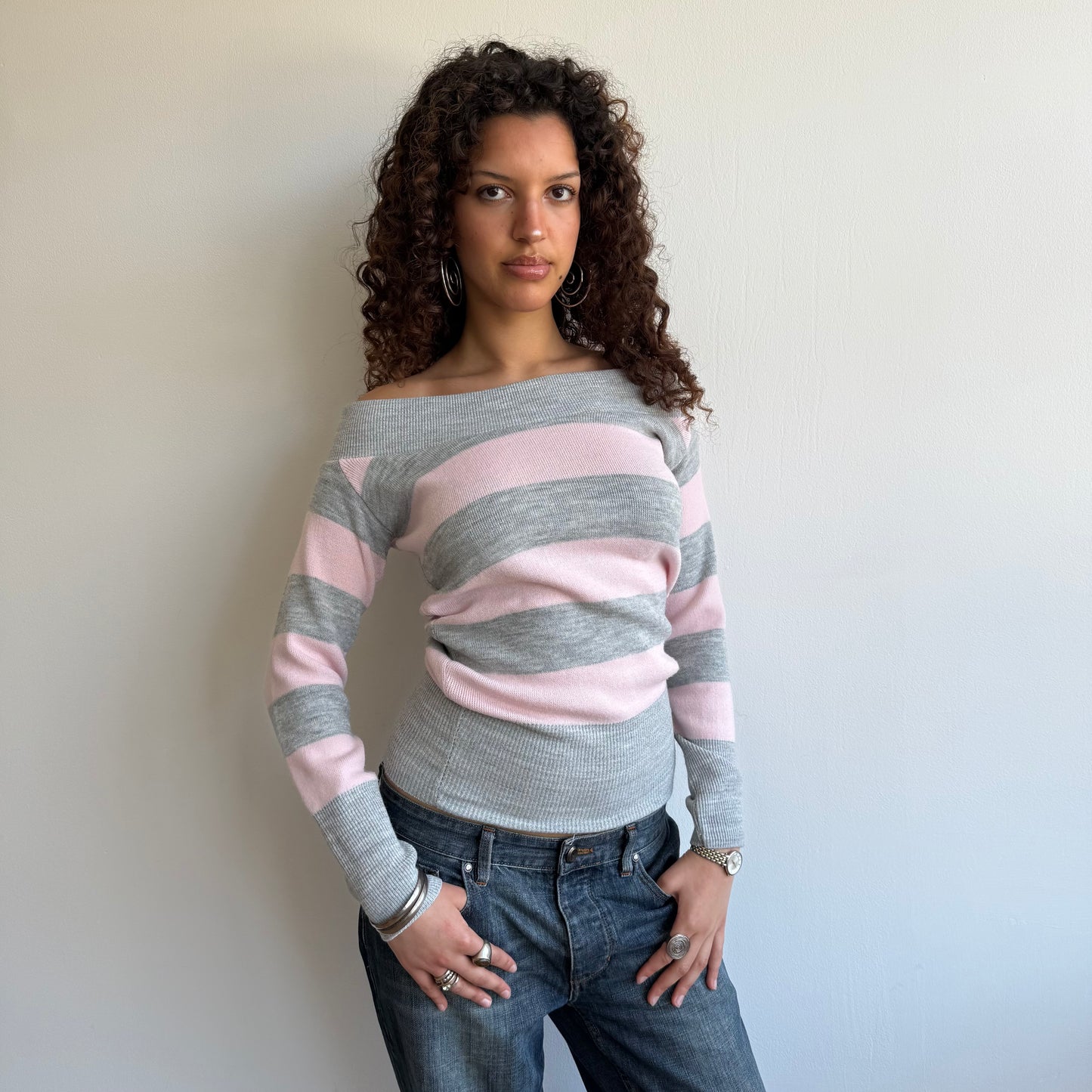 Pink + grey striped bardot knit - Size S/M