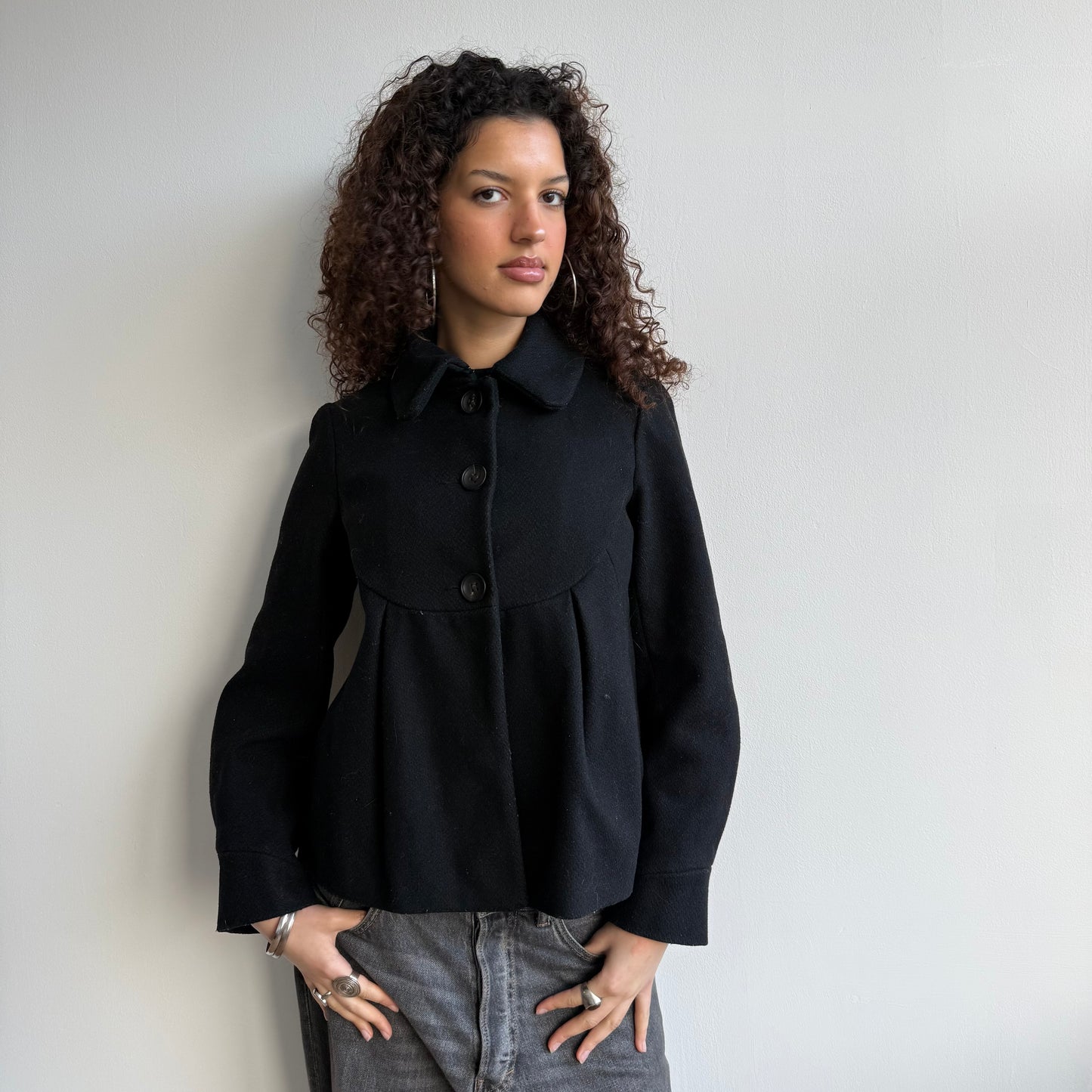 Black button wool swing coat - Size S