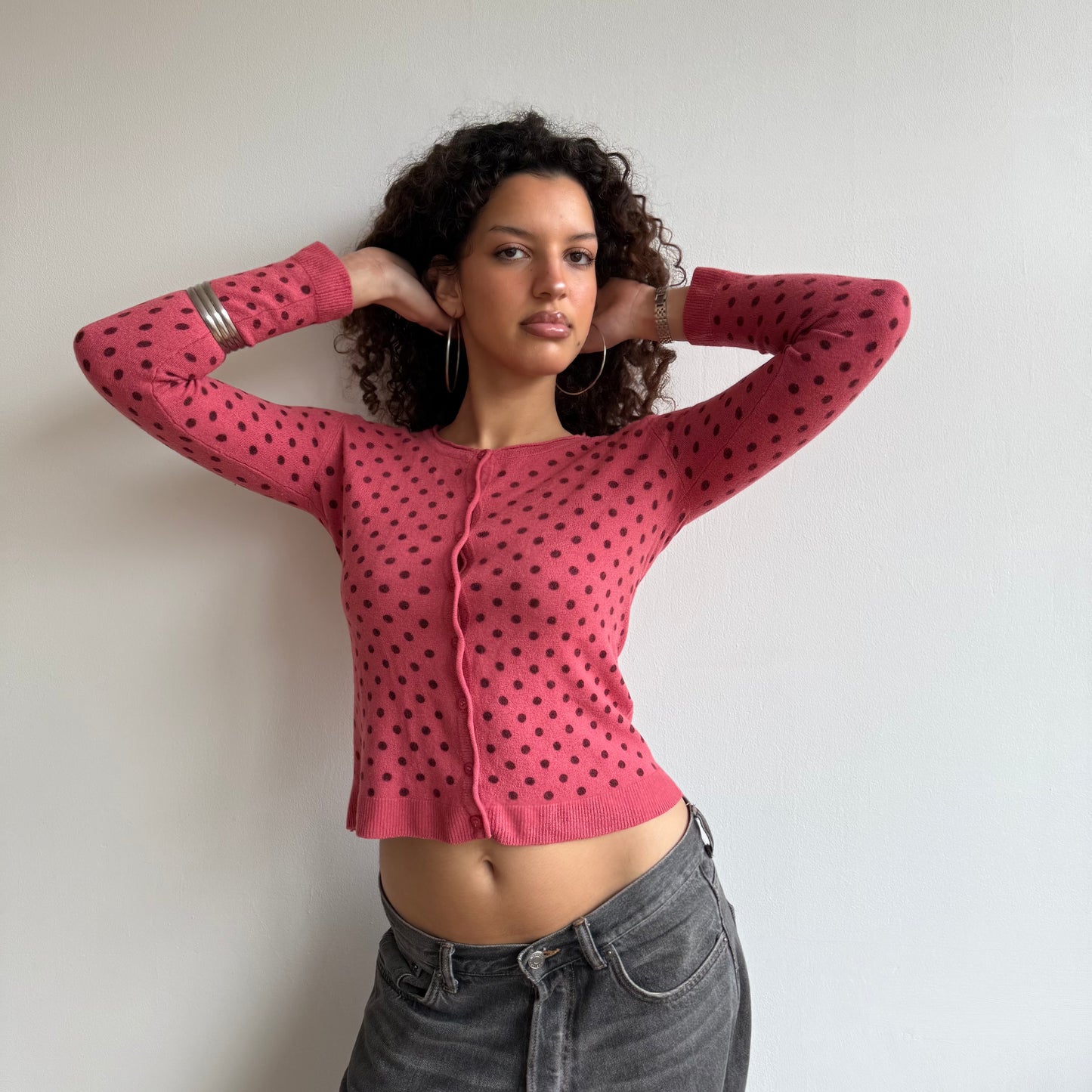 Fuschia polka dot cardi - Size S