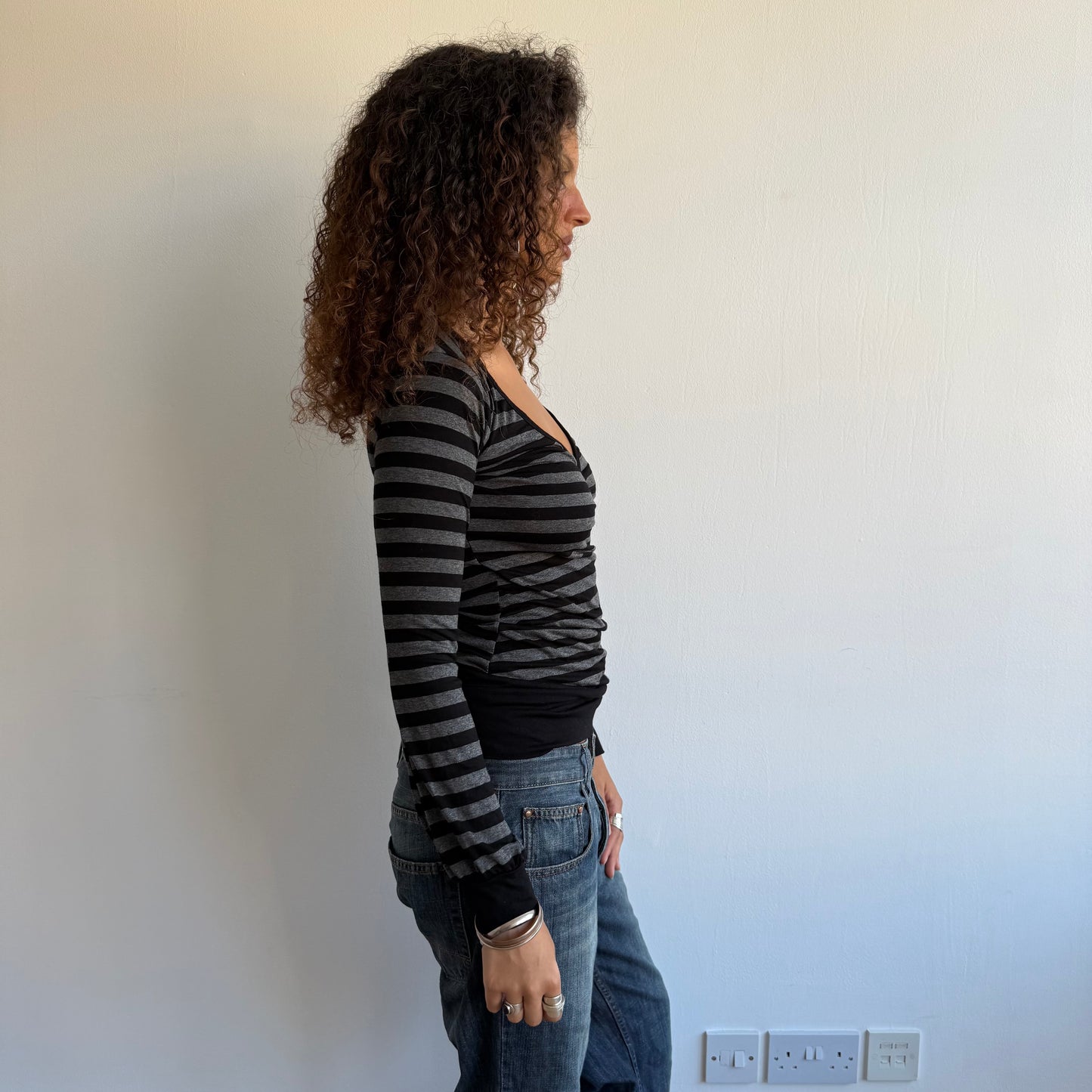 Black + grey striped wrap top - Size M